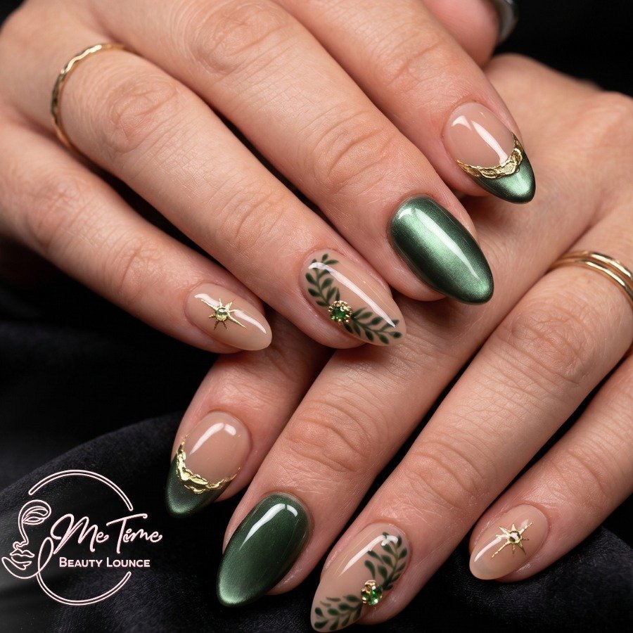 Emerald Green Almond Nails with Metallic Accents