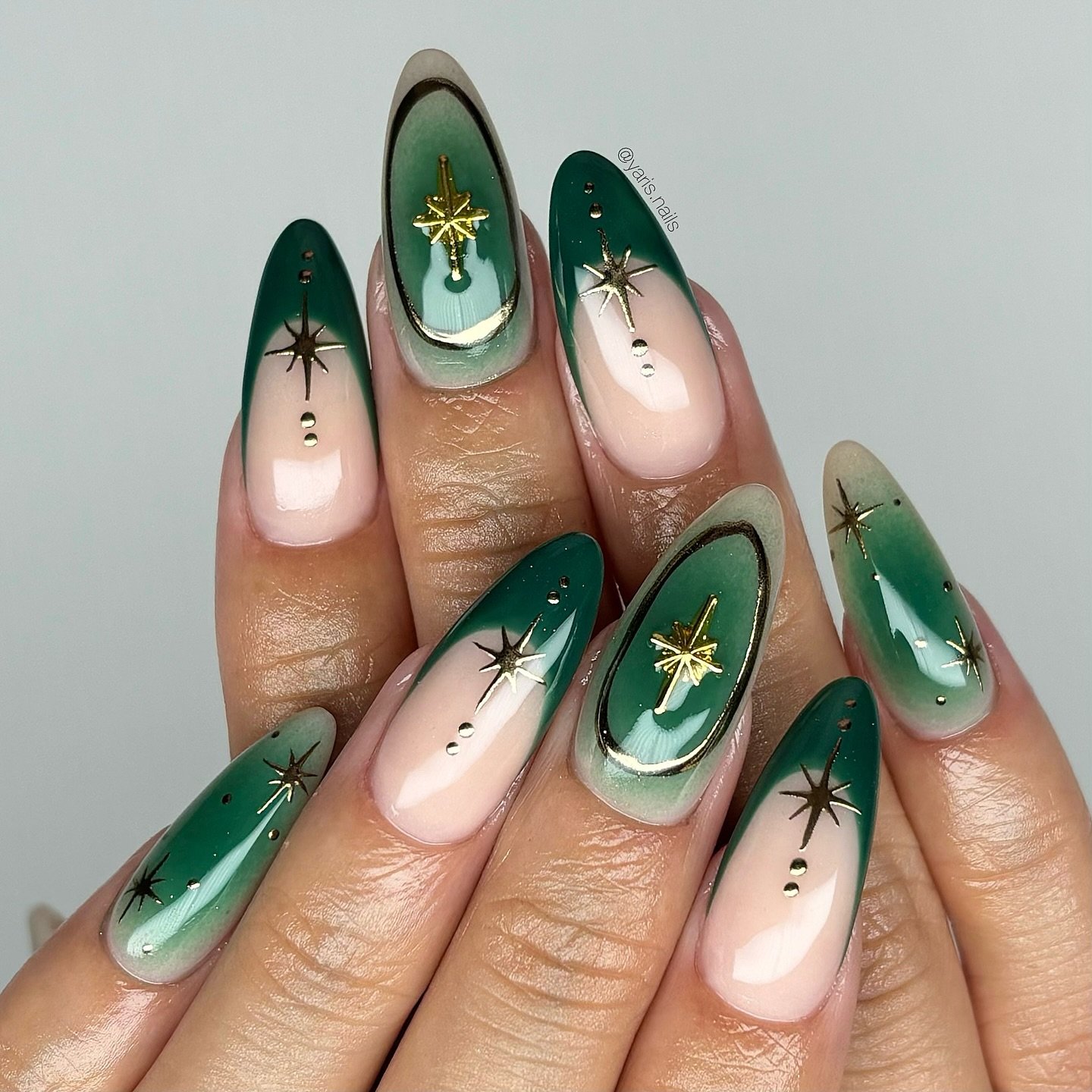 Emerald Green and Nude Almond Nails with Gold Charms