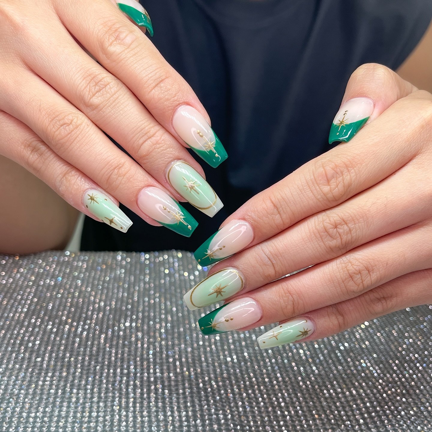 Mint and Emerald Green Coffin French Nails