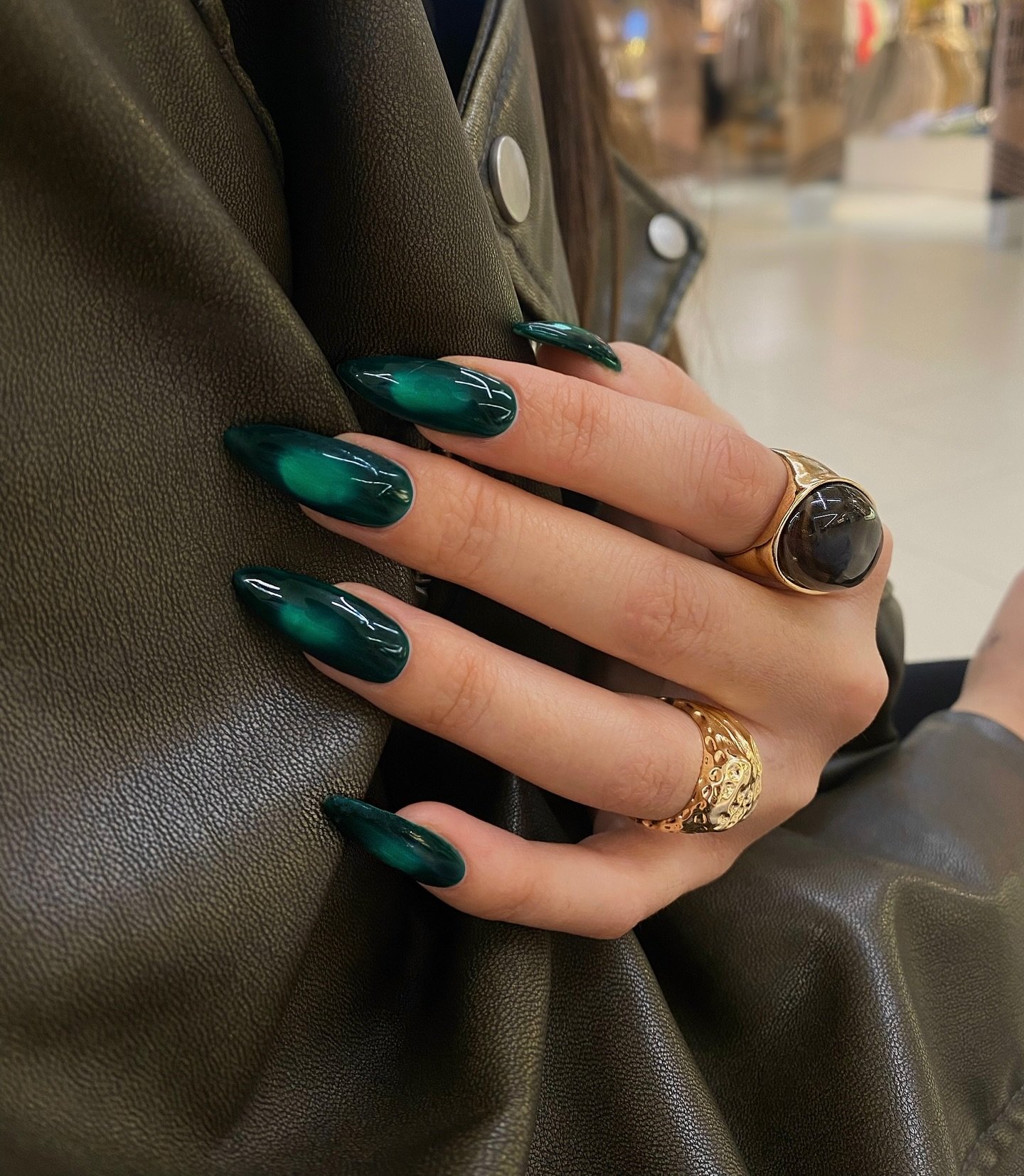 Dark Emerald Green Glitter Almond Nails