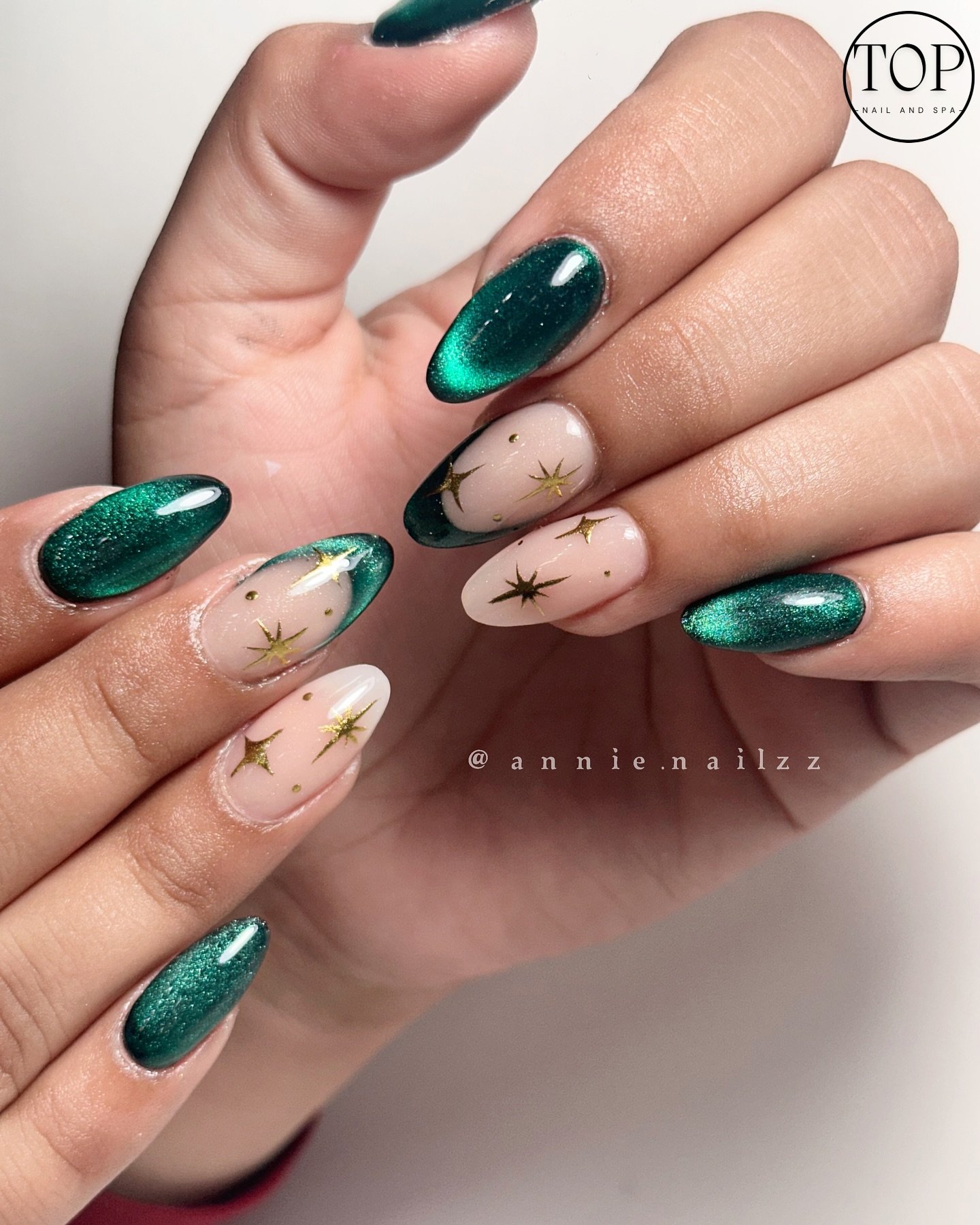 Emerald Green French Tips on Nude Almond Nails