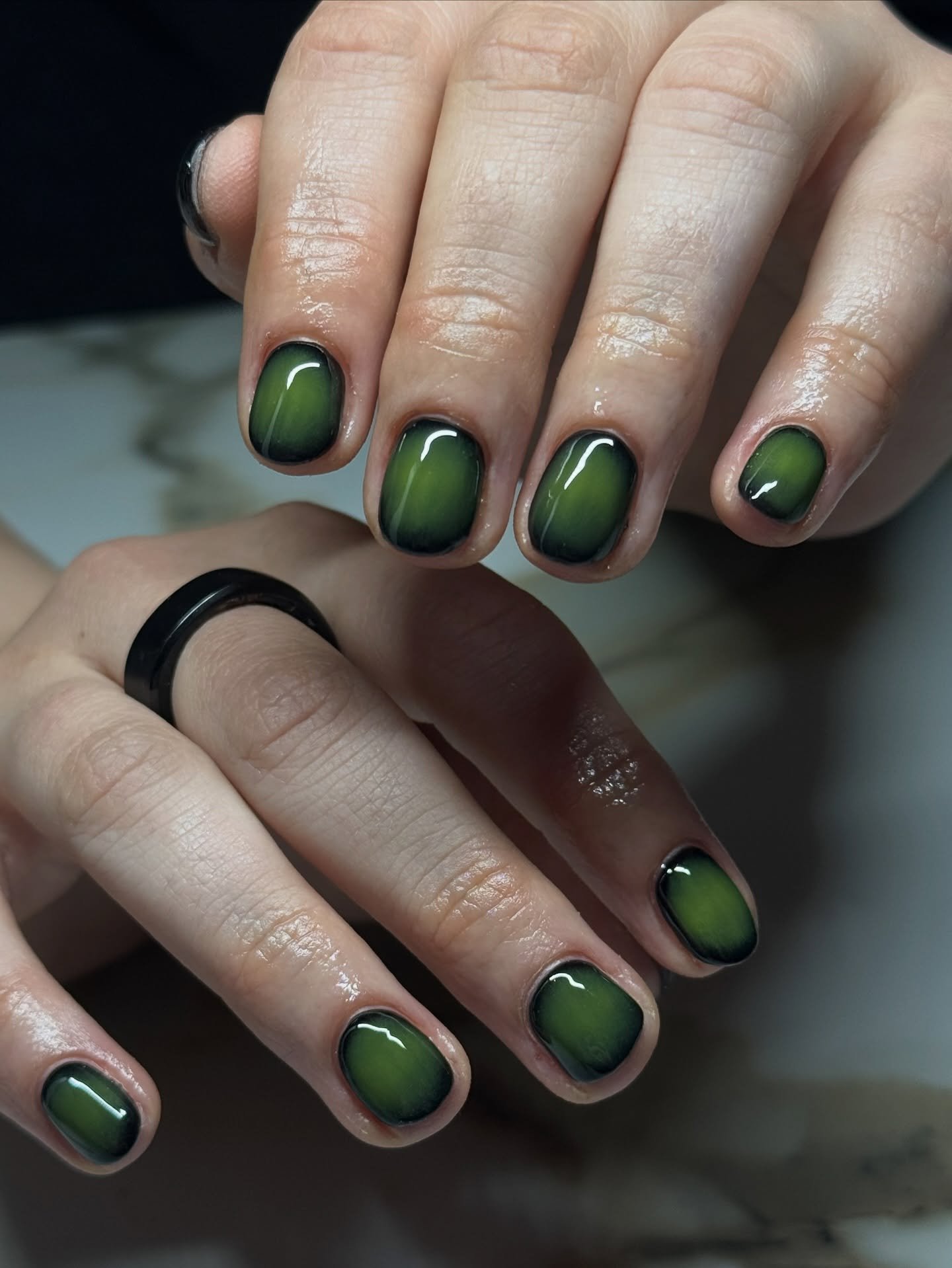 Short Emerald Green Aura Nails with Dark Edges