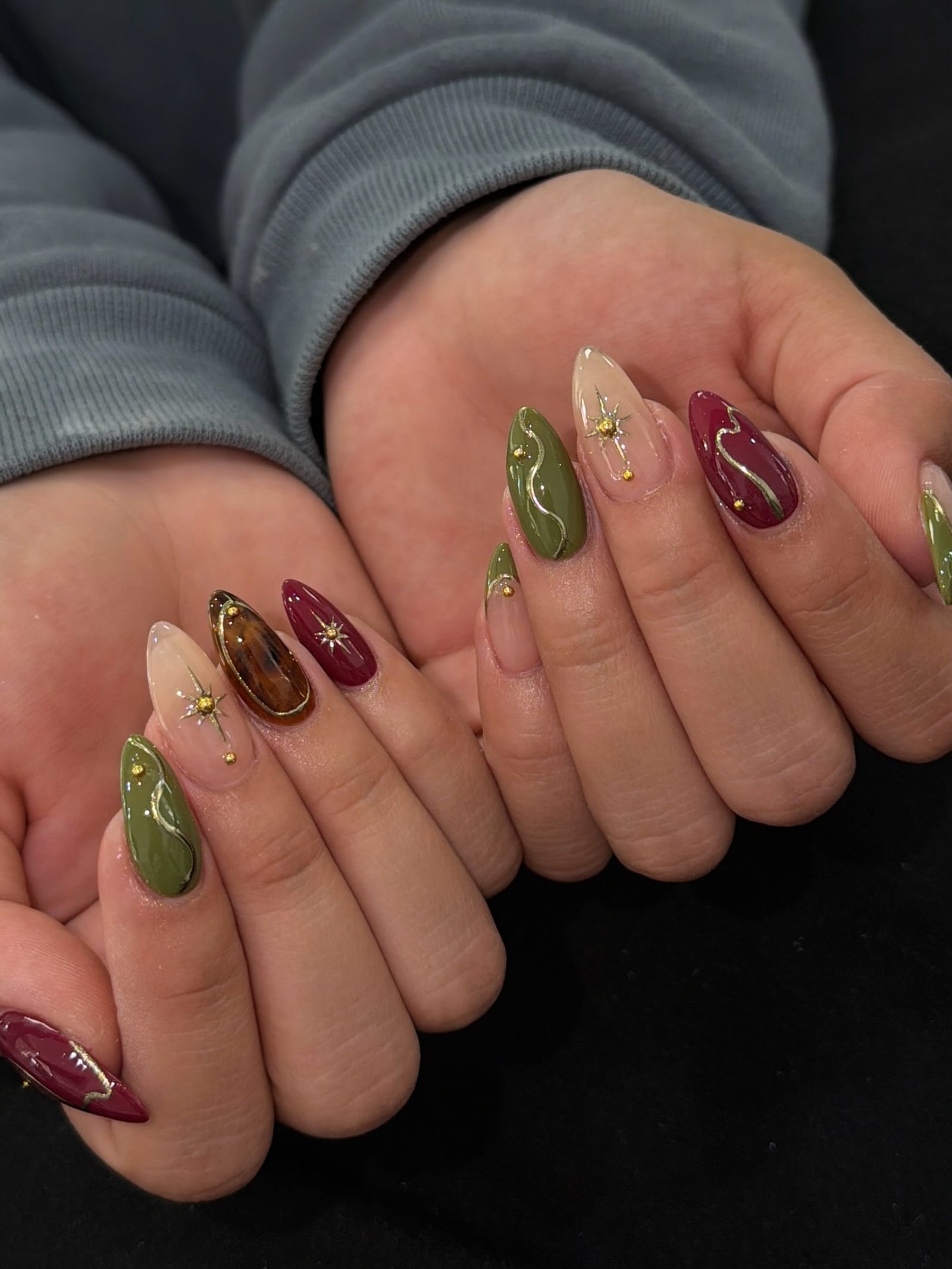 Deep Autumn Mix of Green, Burgundy and Gold Nails