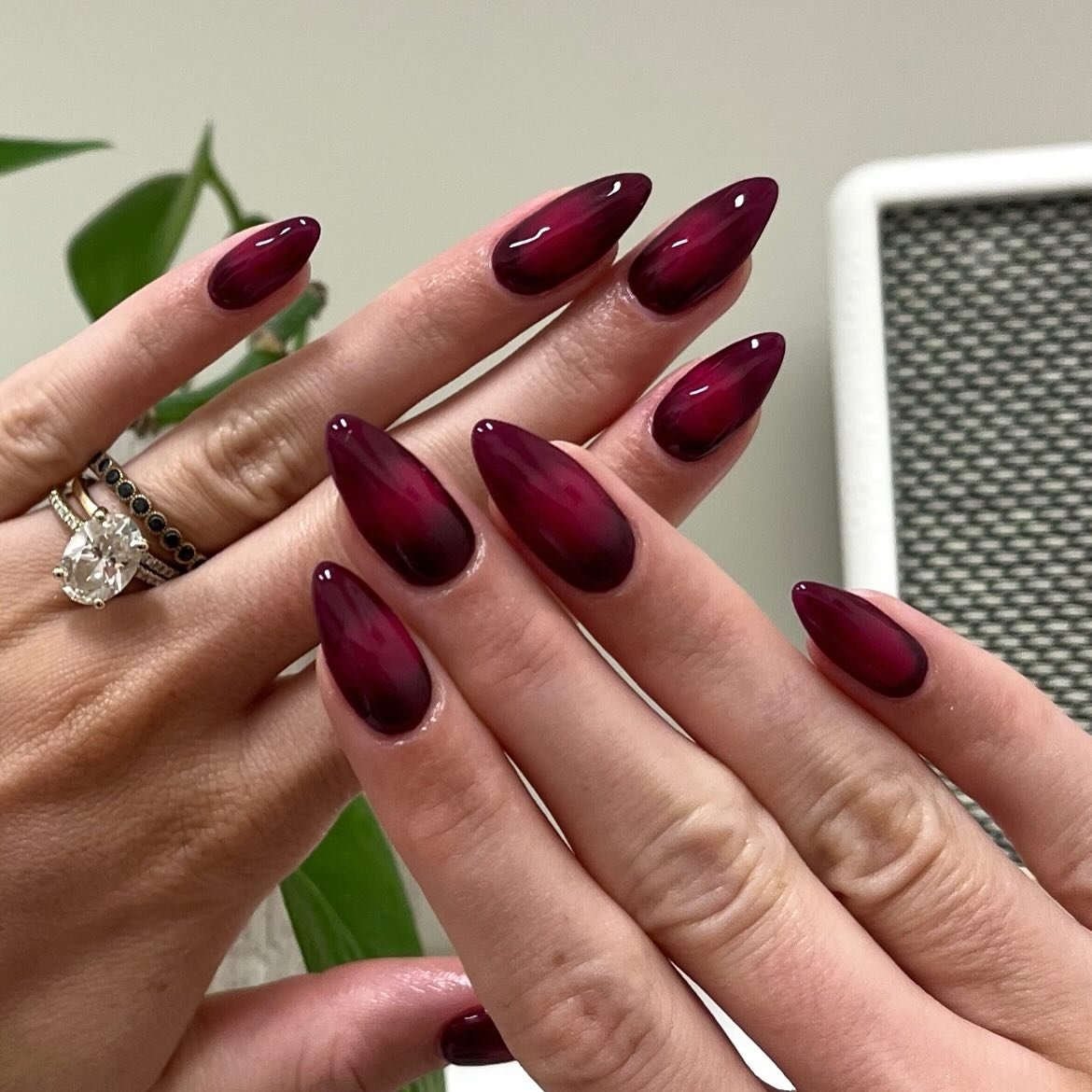 Glossy Deep Burgundy Almond Nails