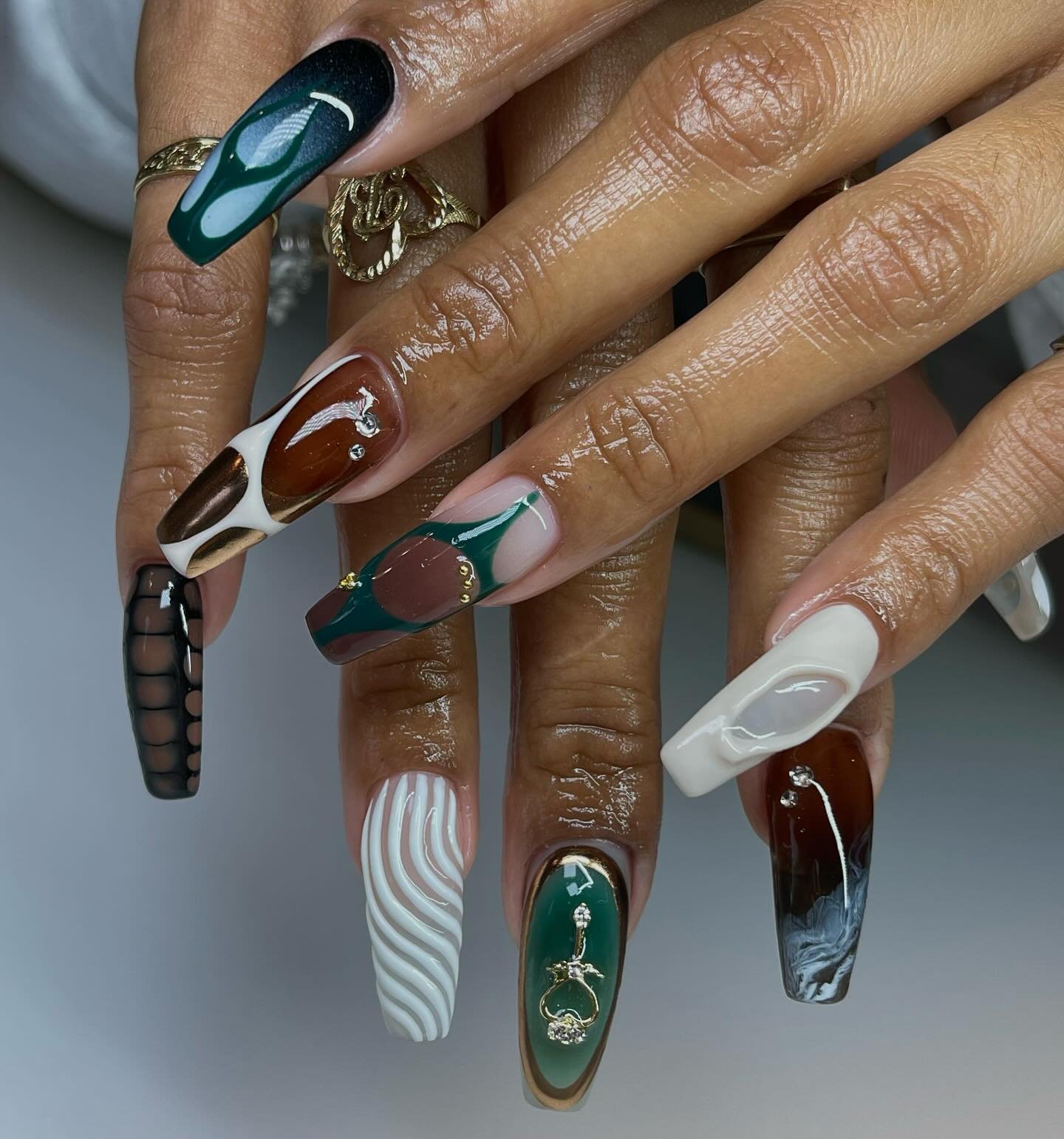Multicolor Autumn Stiletto Nails with Botanical and Abstract Art