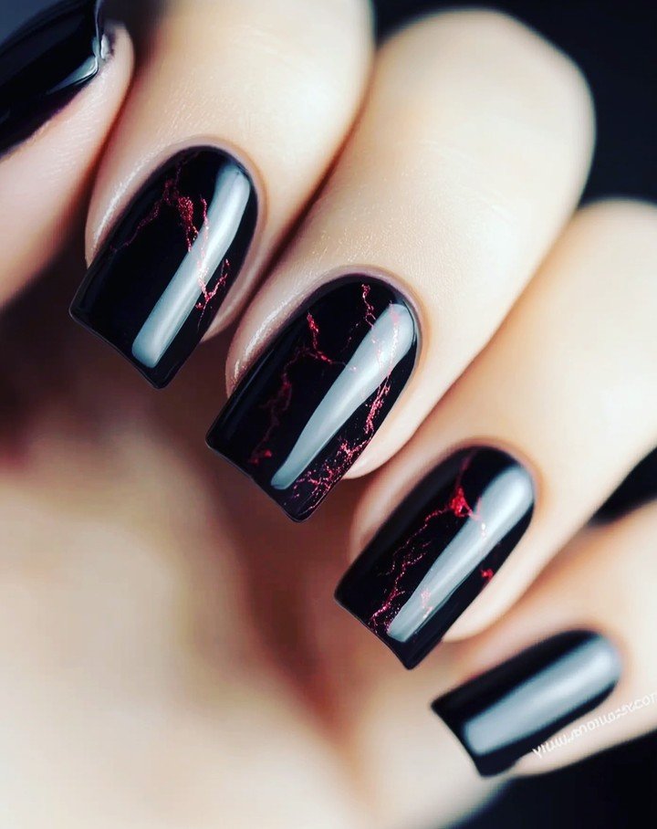 Black Glossy Square Nails with Fine Pink Line Accents