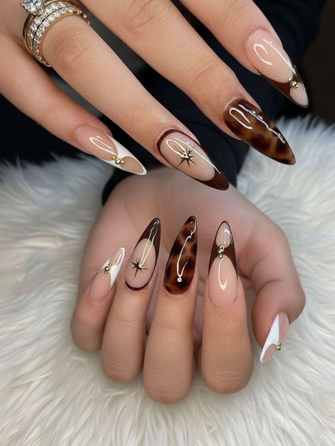 Nude and Brown Almond Nails with Gold Line Art