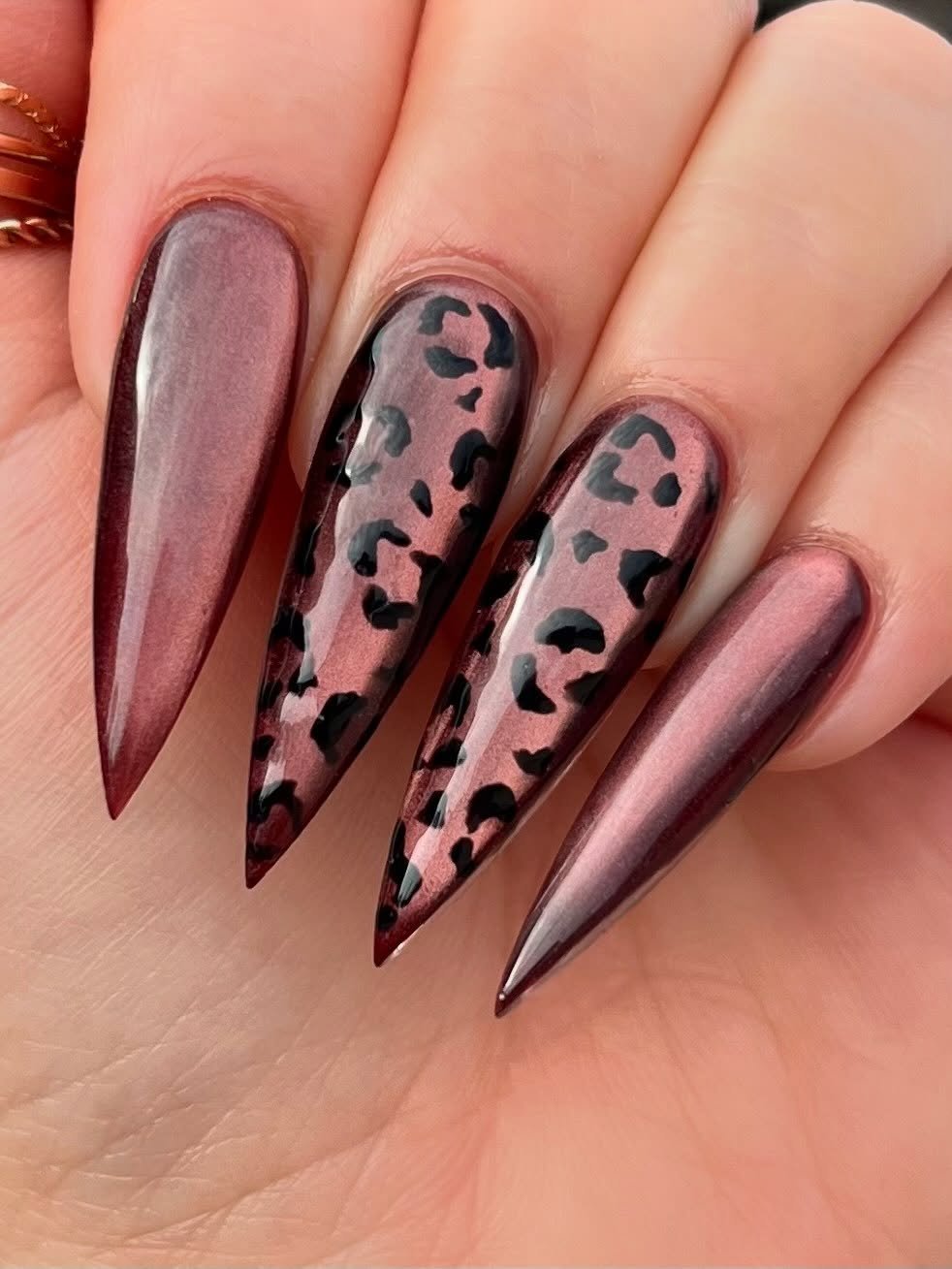 Pink Chrome and Leopard Print Stiletto Nails