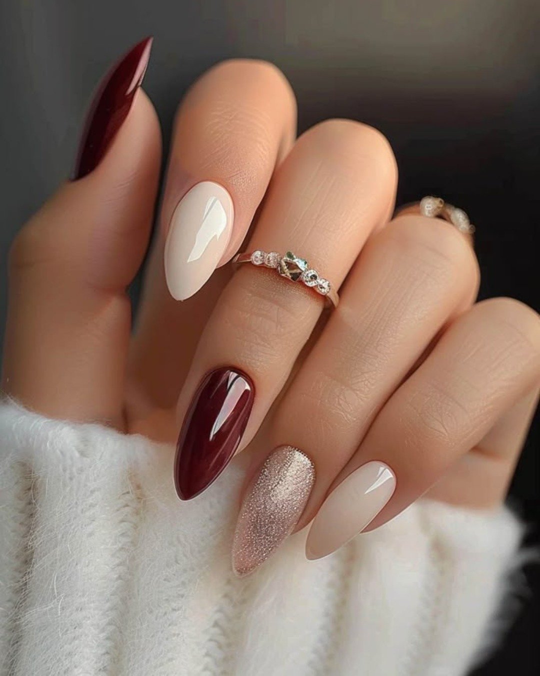 Nude, Burgundy and Shimmer Almond Nails