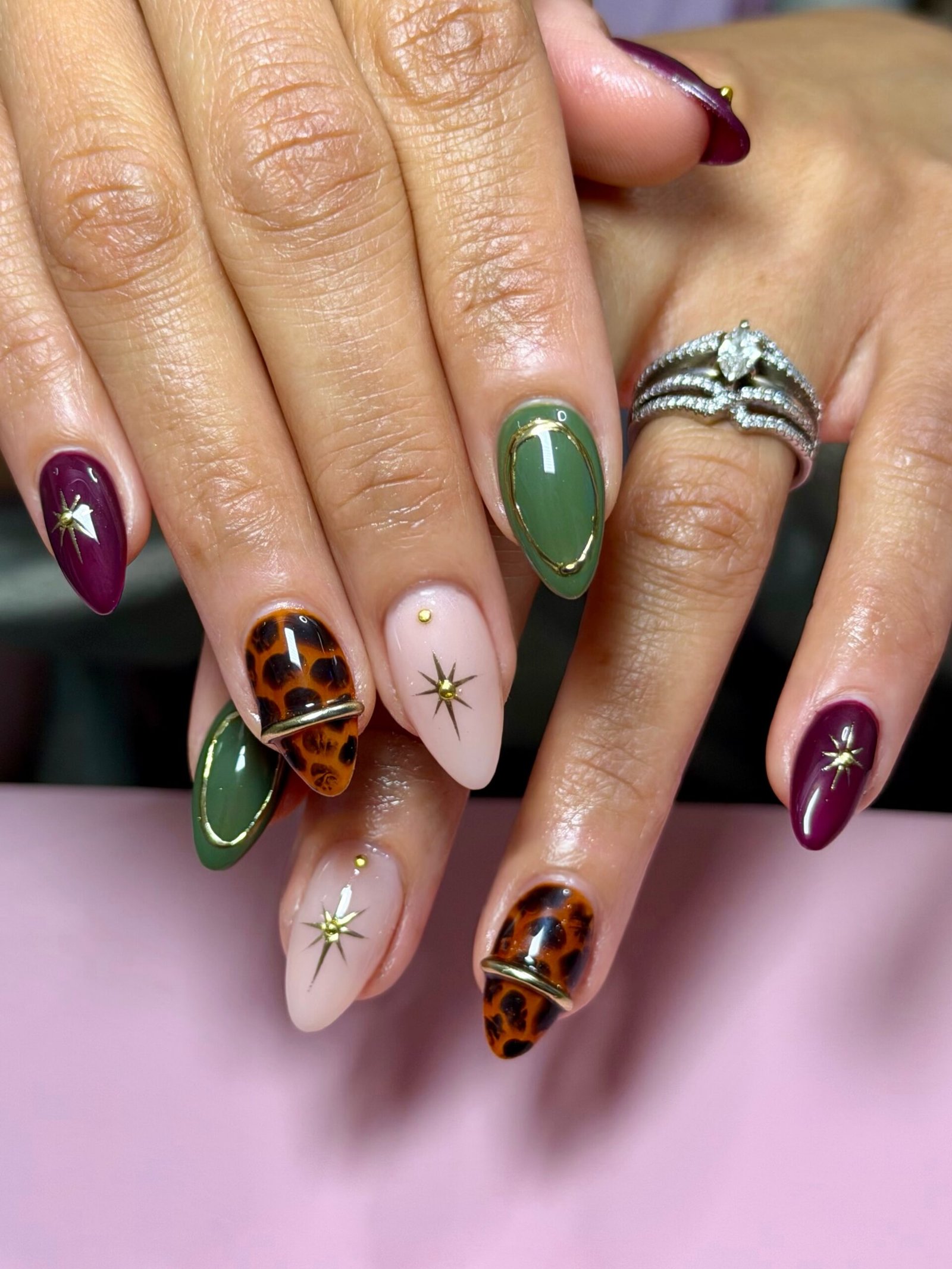 Green, Burgundy and Leopard Print Autumn Nails