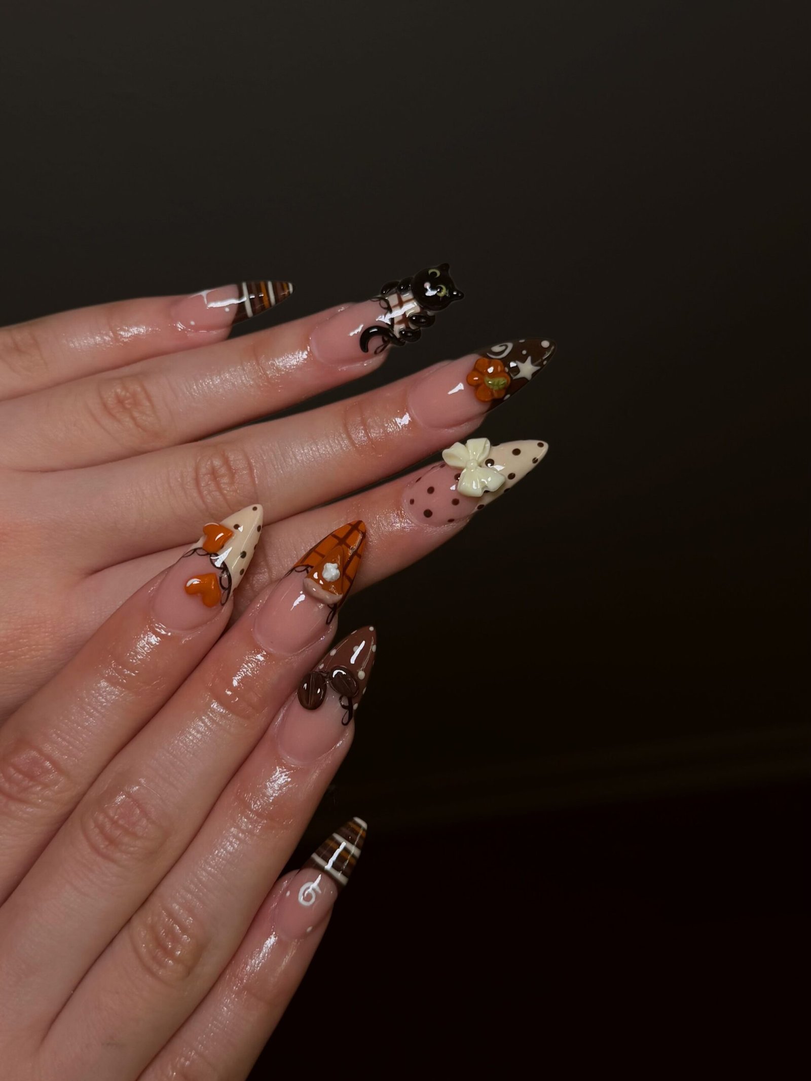 Chocolate Brown and Nude Stiletto Nails with Fall Art