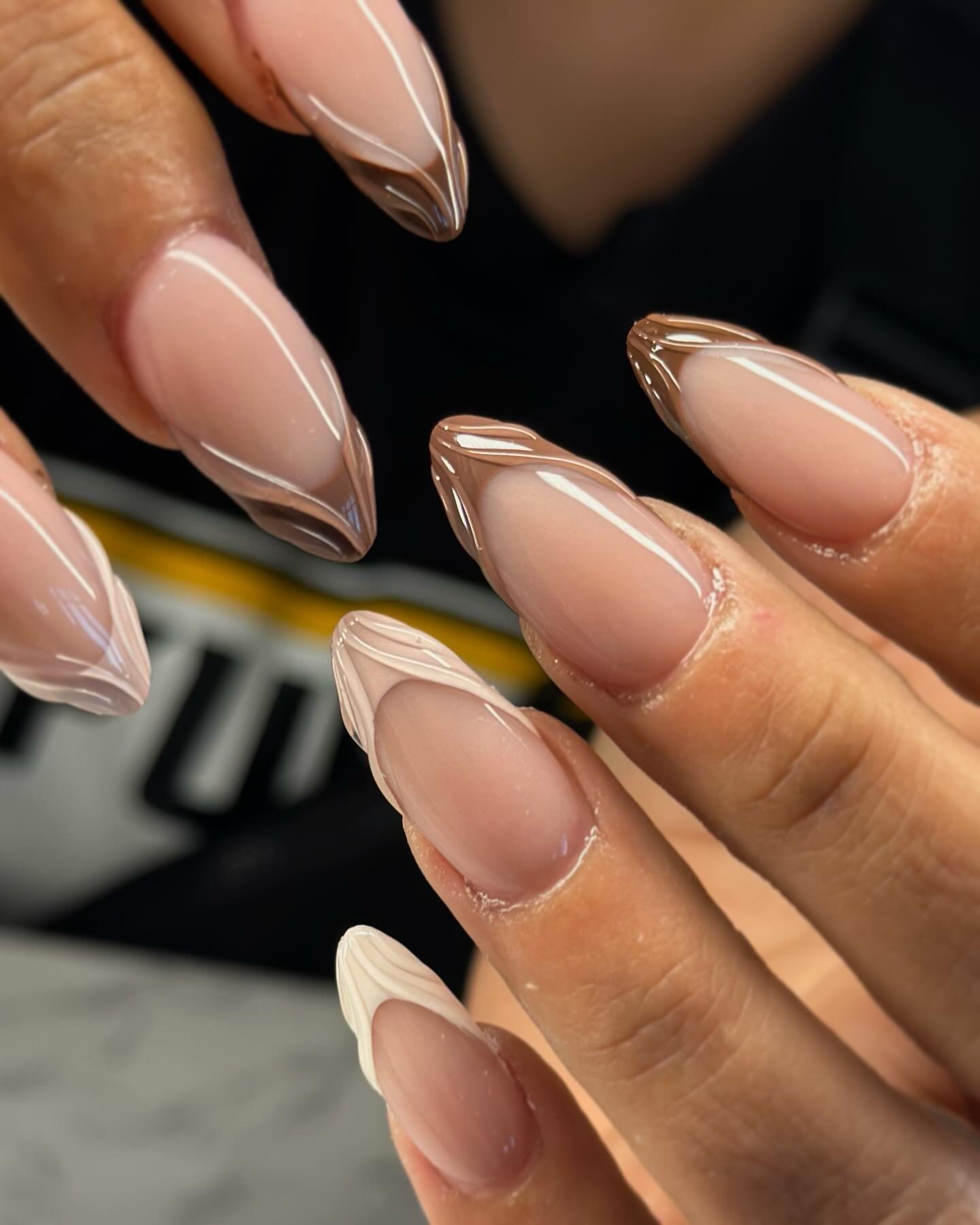 Nude Stiletto Nails with Brown French Tips and Fine Lines