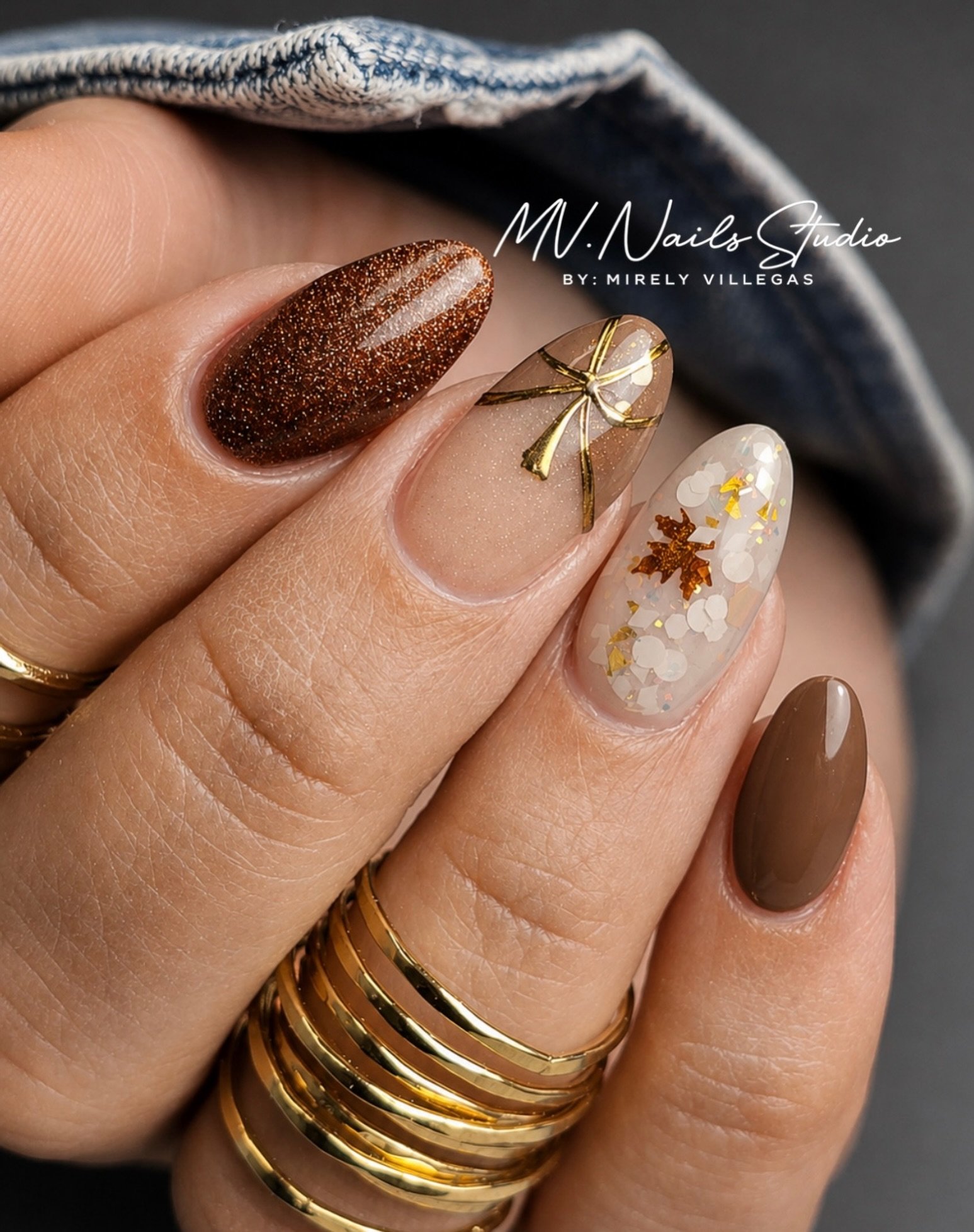 Brown Glitter and Nude Nails with Gold Floral Accents