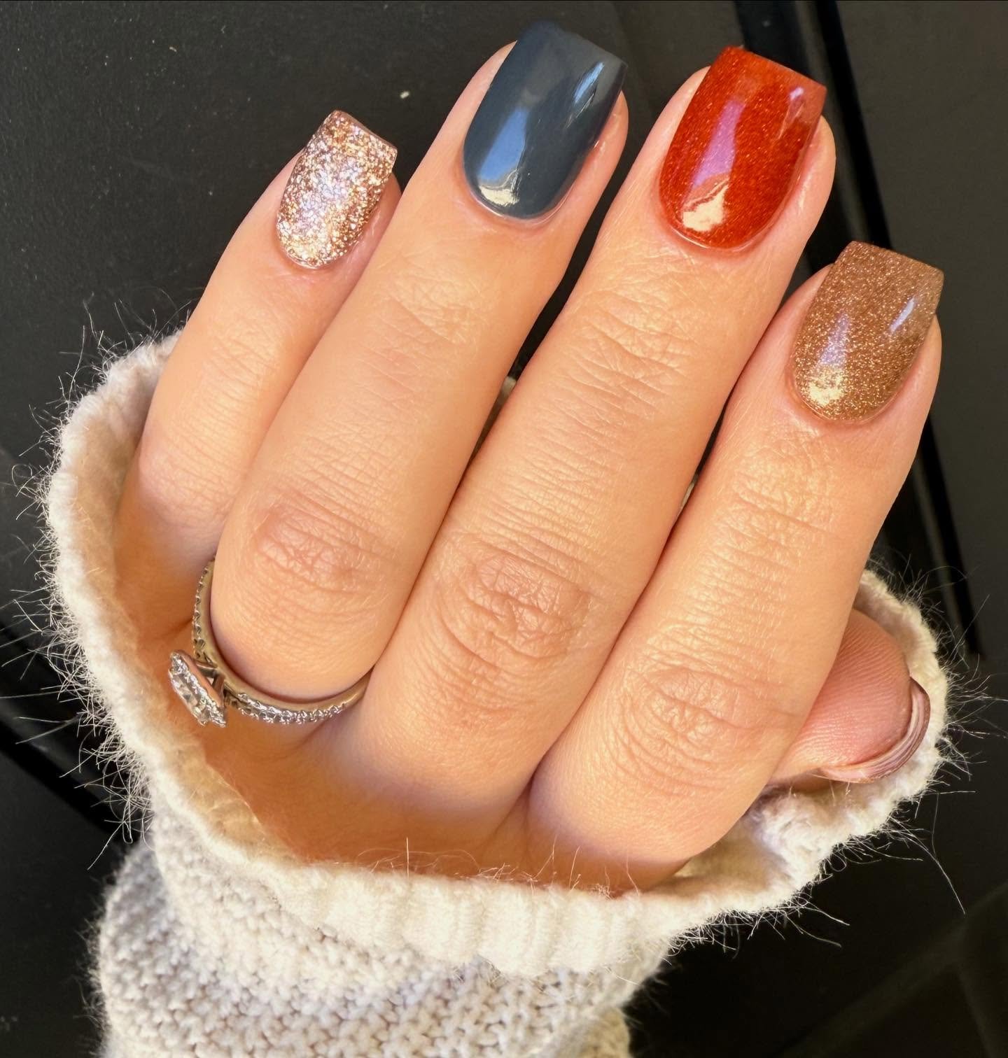 Autumn Mix of Blue, Orange, and Neutral Nails