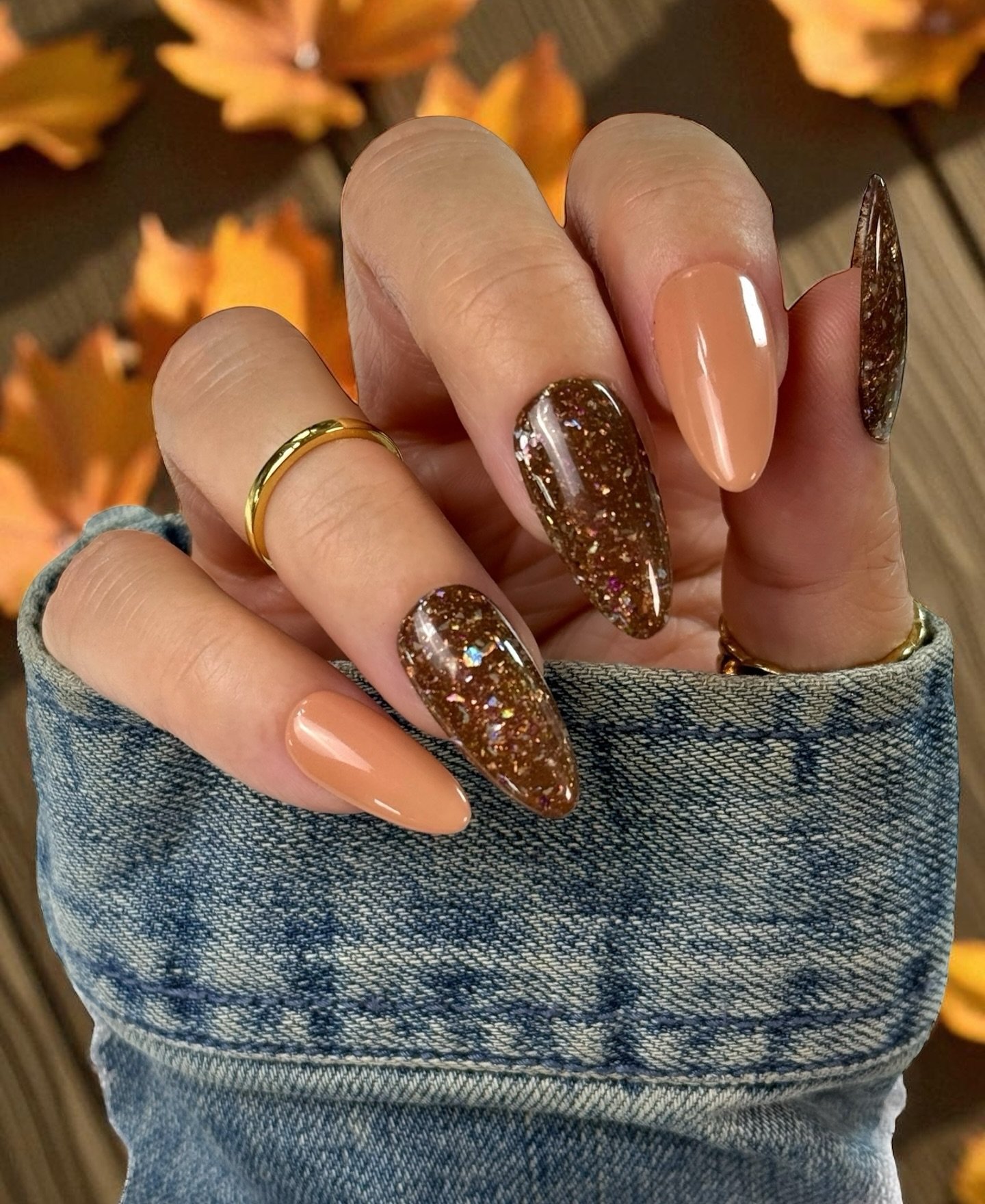 Fall Brown and Nude Almond Nails with Glitter Accents