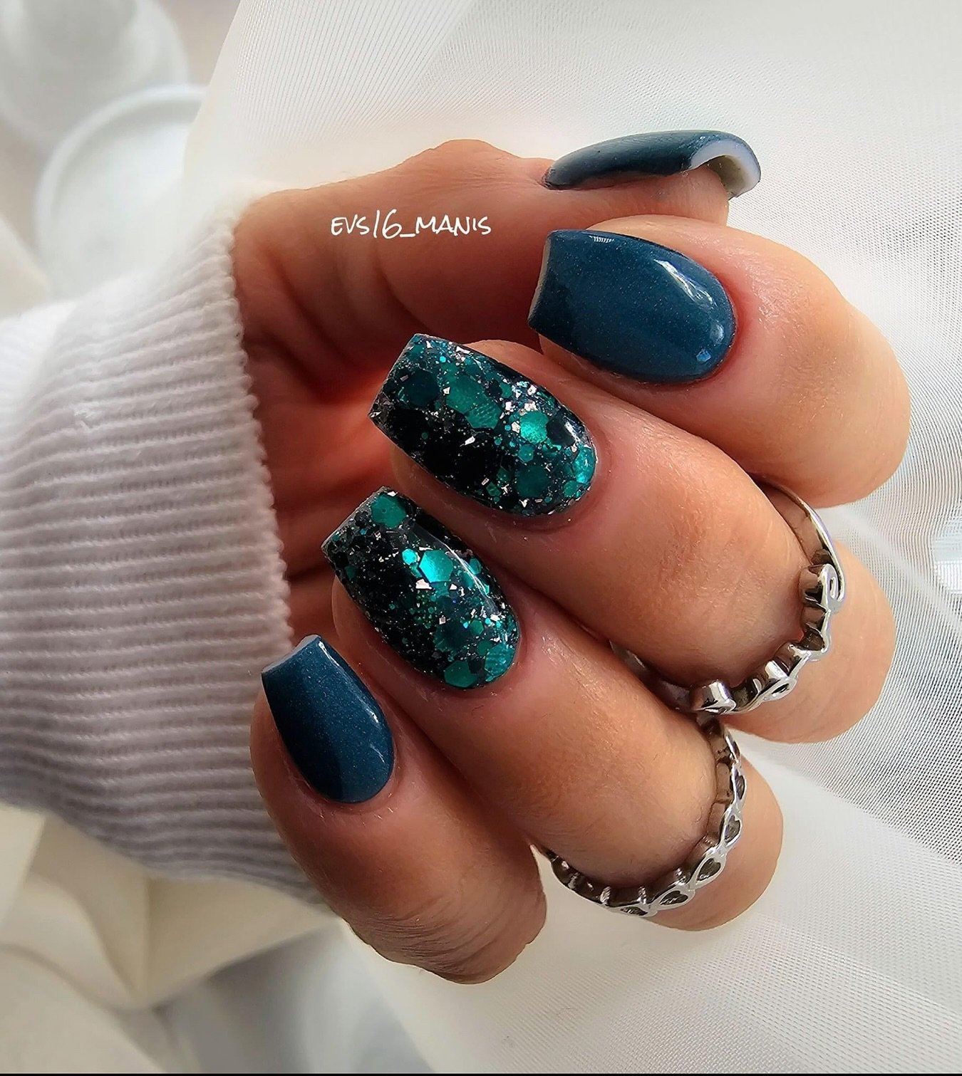 Teal Blue Nails with Glittery Green Accents