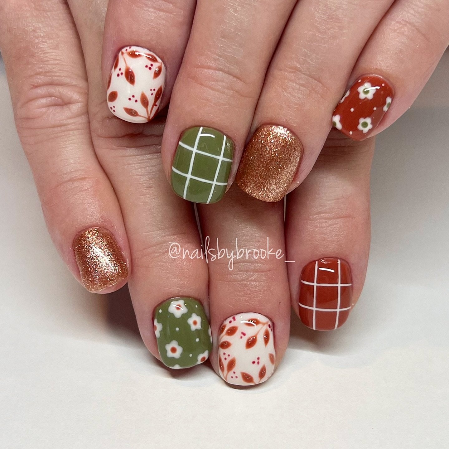 Mixed Green, Red, Cream, and Plaid Fall Nail Art