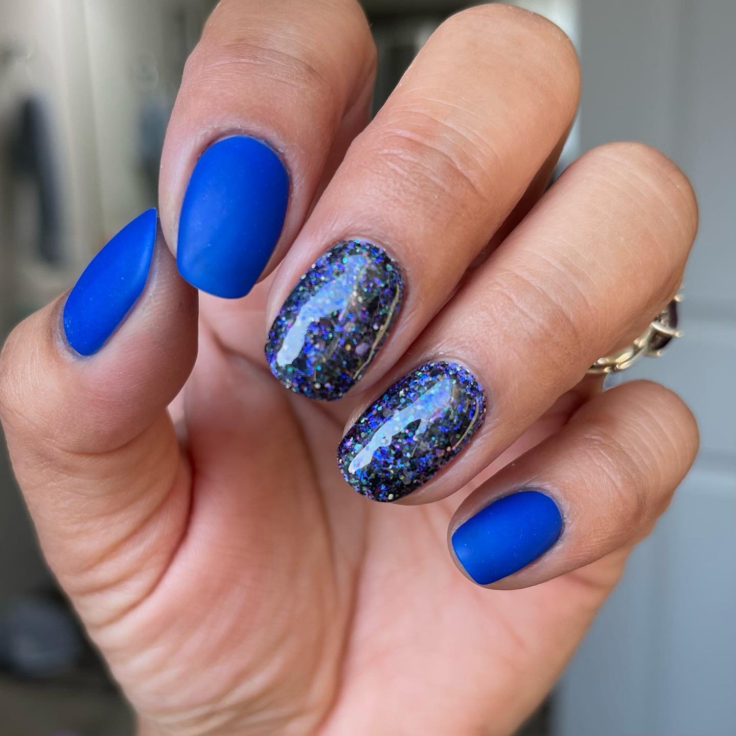 Cobalt Blue Nails with Glittery Blue Accent Nails