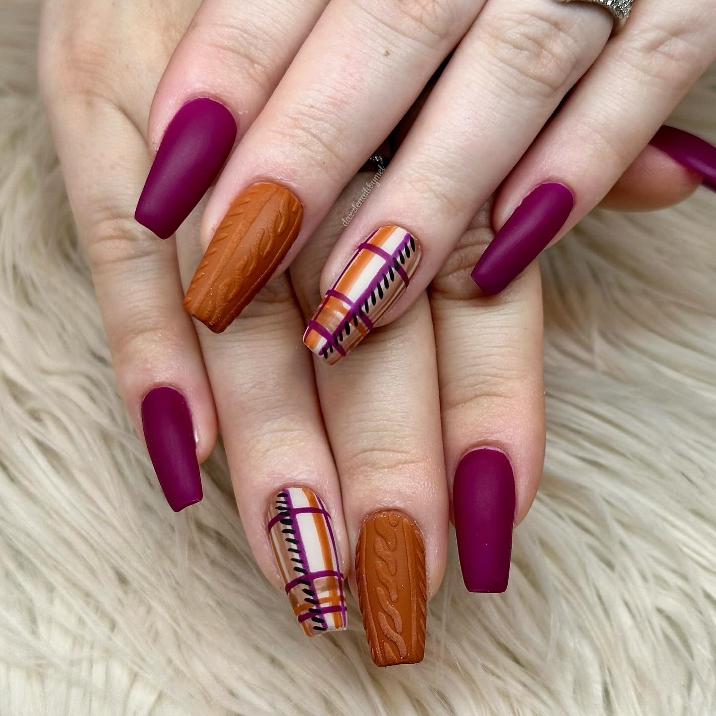 Magenta and Orange Coffin Nails with Plaid Accents