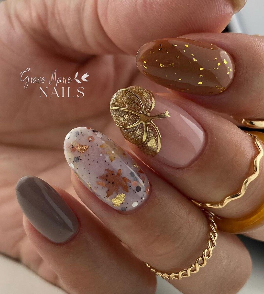 Nude Nails with Brown and Gold Fall Details