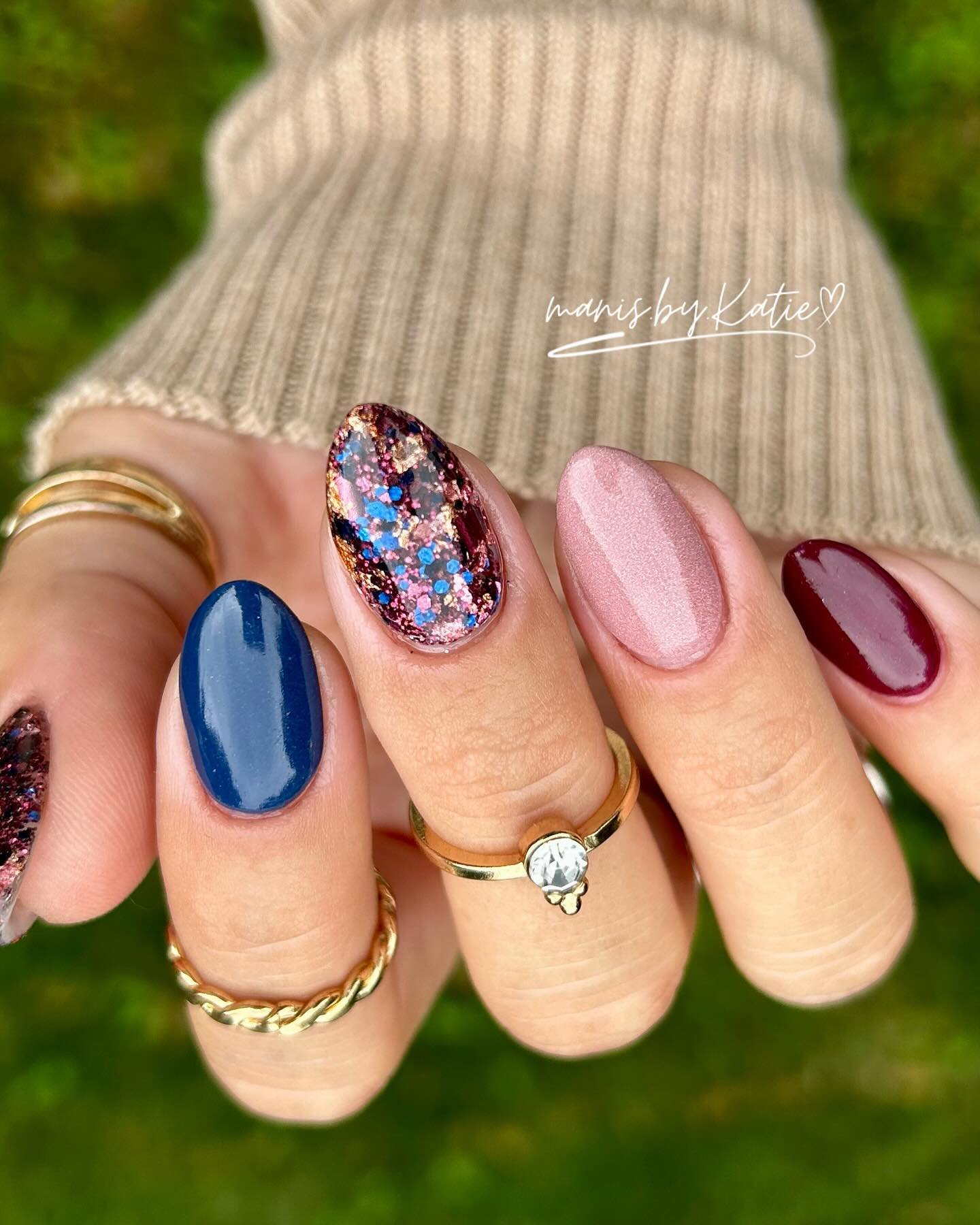 Colorful Fall Accent Nails on a Pink Base