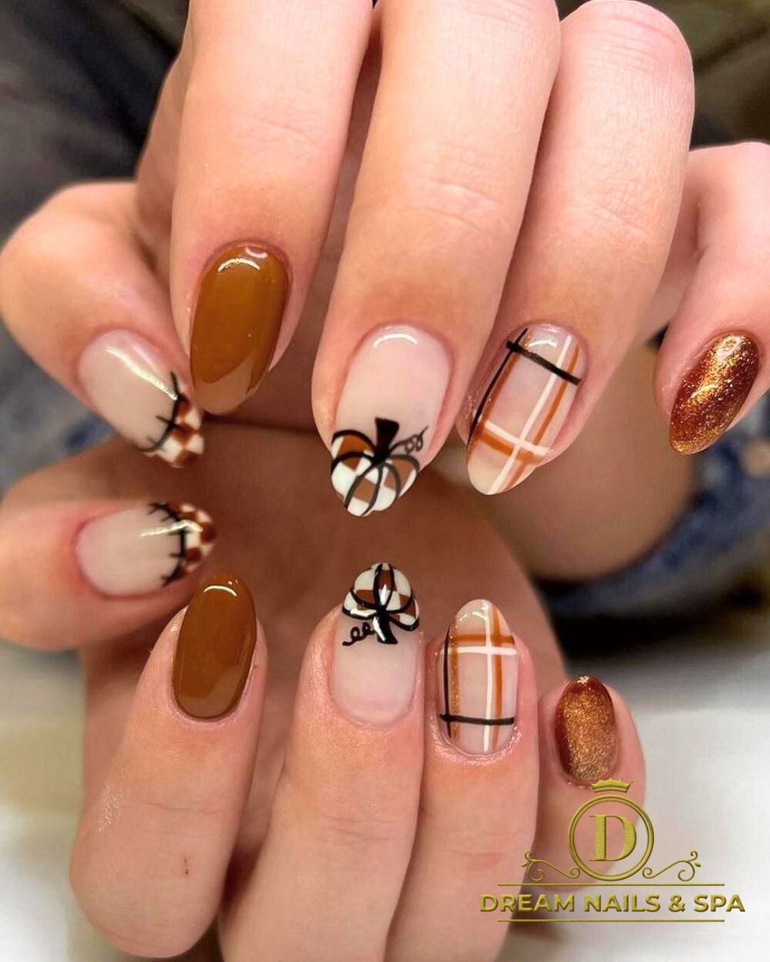 Brown, Orange, and Cream Fall Plaid Nail Art