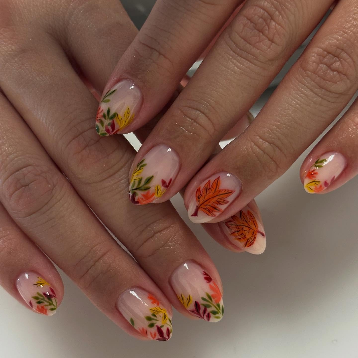 Neutral Nails with Tiny Fall Floral Accents