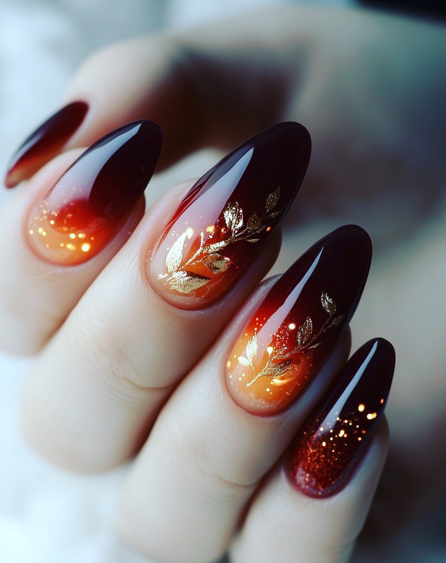 Deep Plum Nails with Orange Glitter Flame Accents