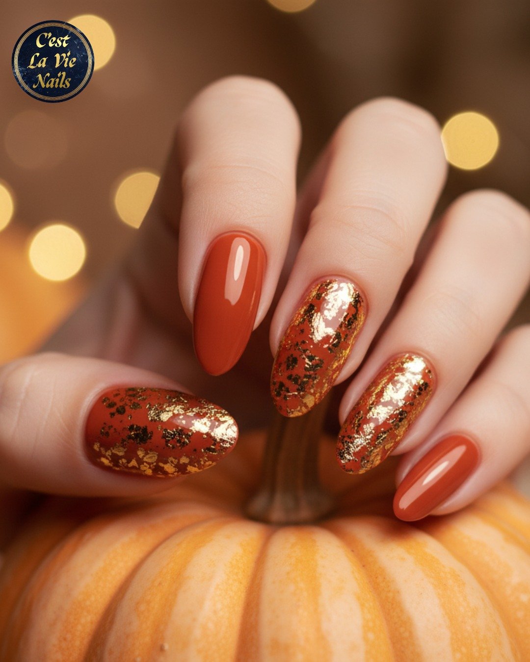 Warm Orange and Brown Glitter Fall Nails