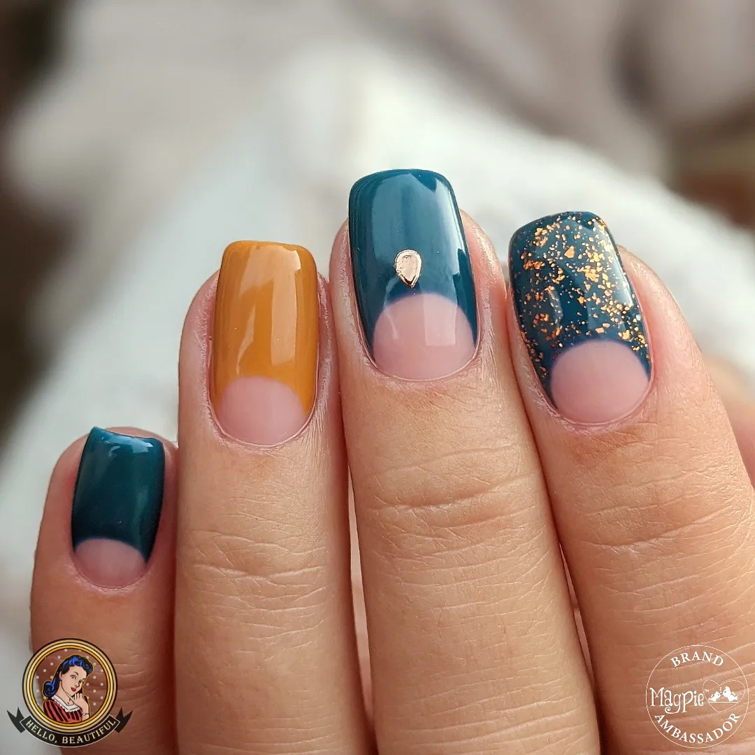 Teal and Mustard Half-Moon Nails with Sparkling Accents