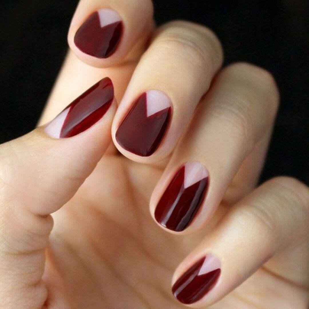 Wine Red Half-Moon Nails on a Soft Nude Base