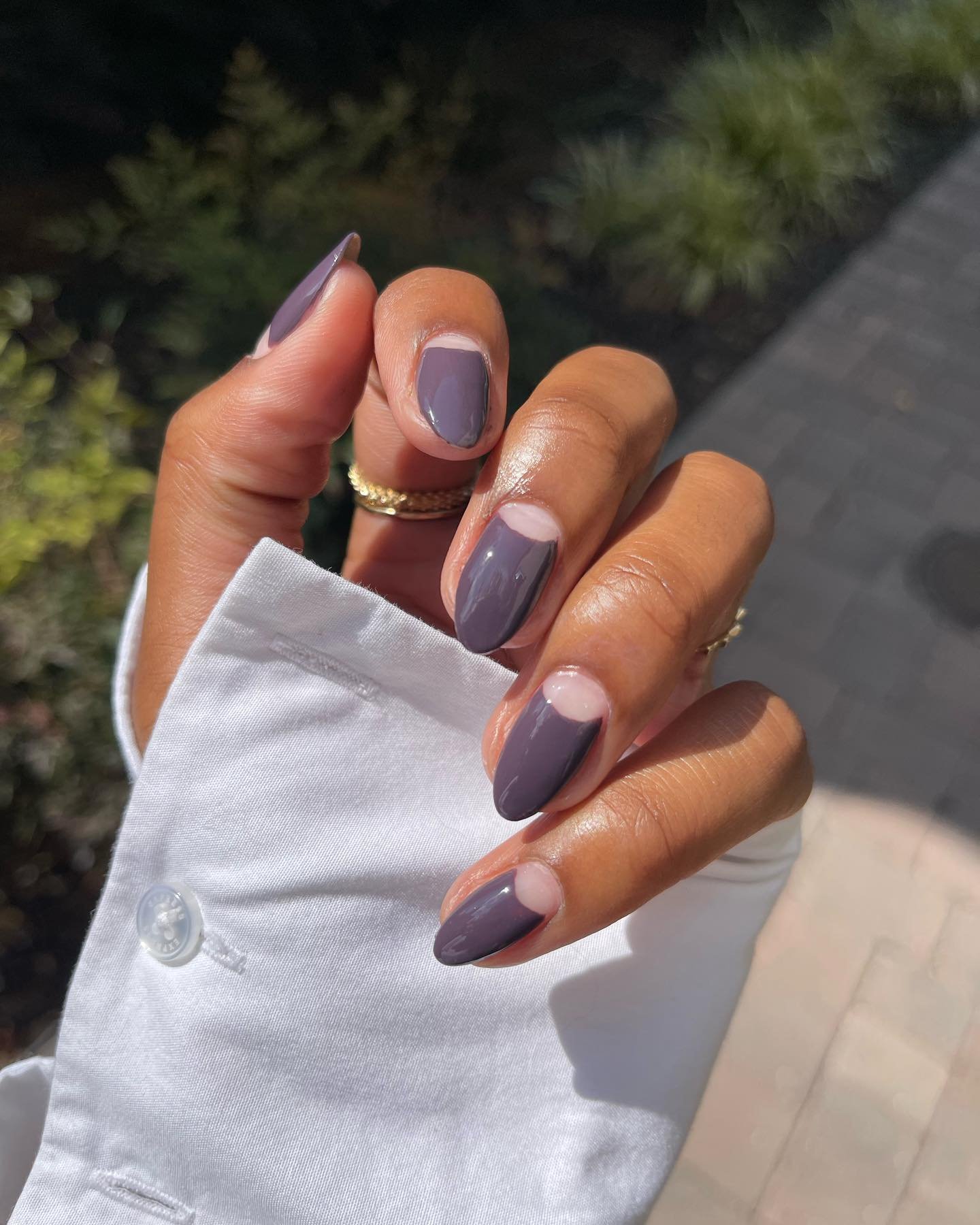 Mauve Almond Nails with Subtle Nude Half-Moons
