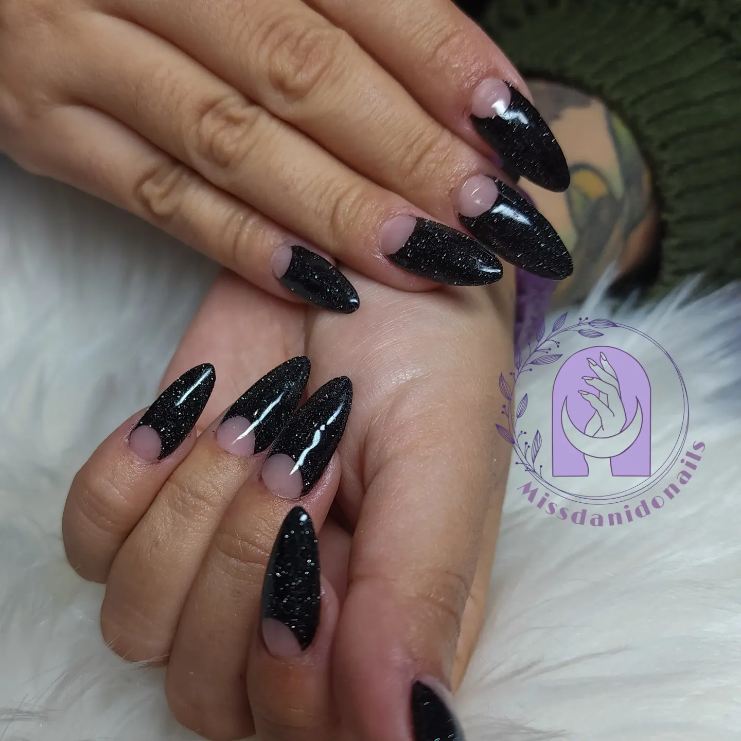 Black Glitter Stiletto Nails with Pale Half-Moons