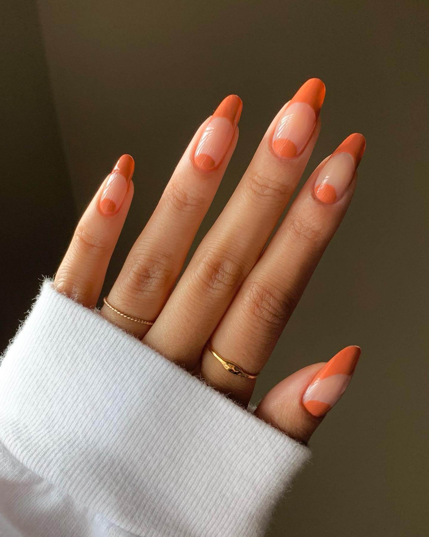 Coral Orange Almond Nails with Pink Half-Moon Spaces