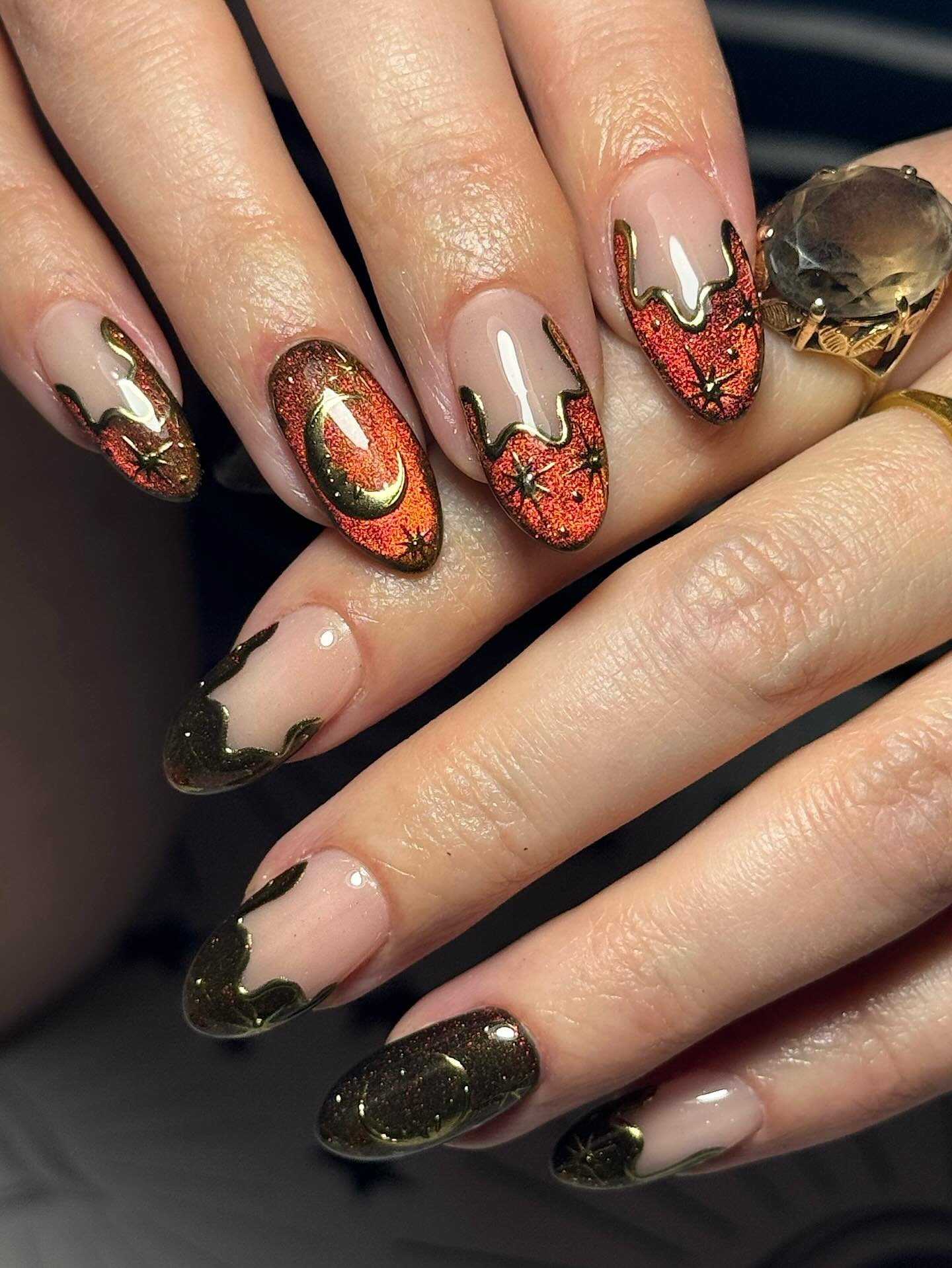 Nude Nails with Autumnal Orange, Black, and Metallic Accents