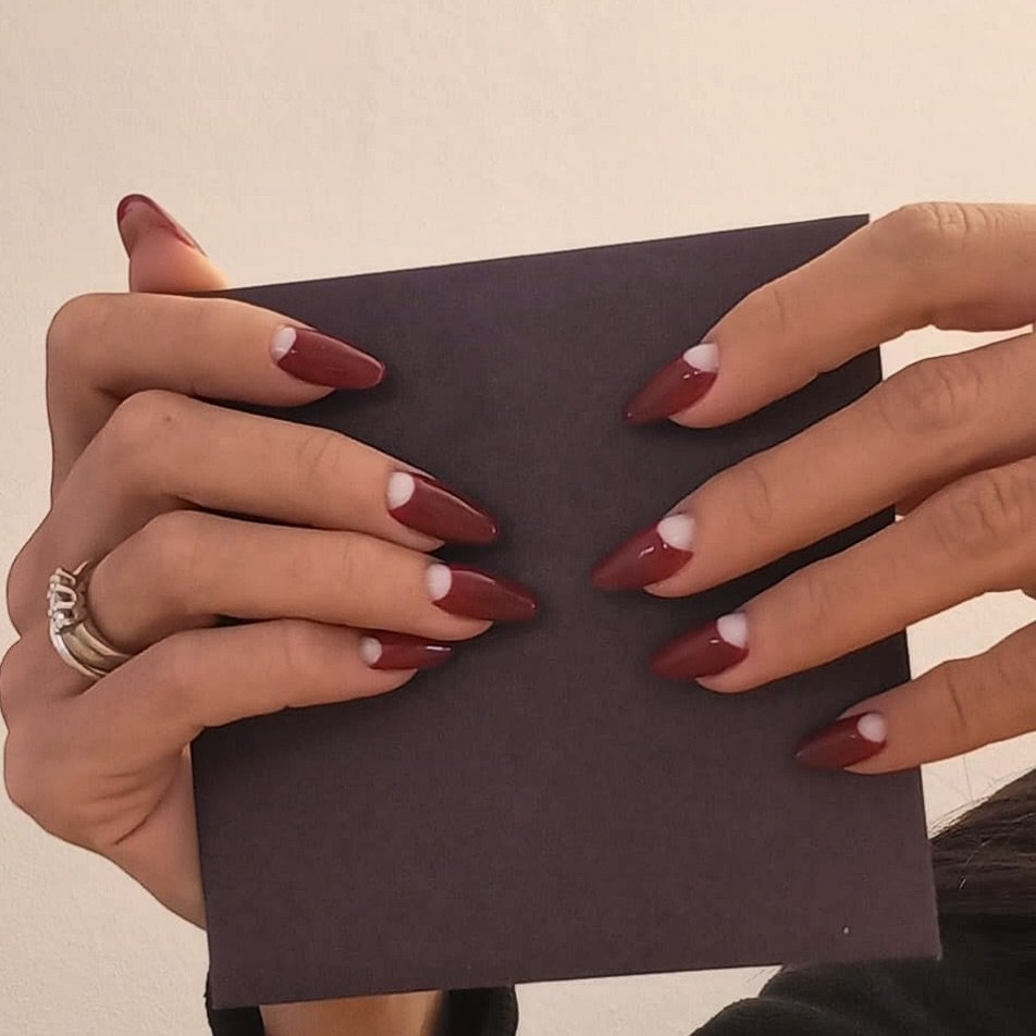 Burgundy Almond Nails with Crisp Nude Half-Moons