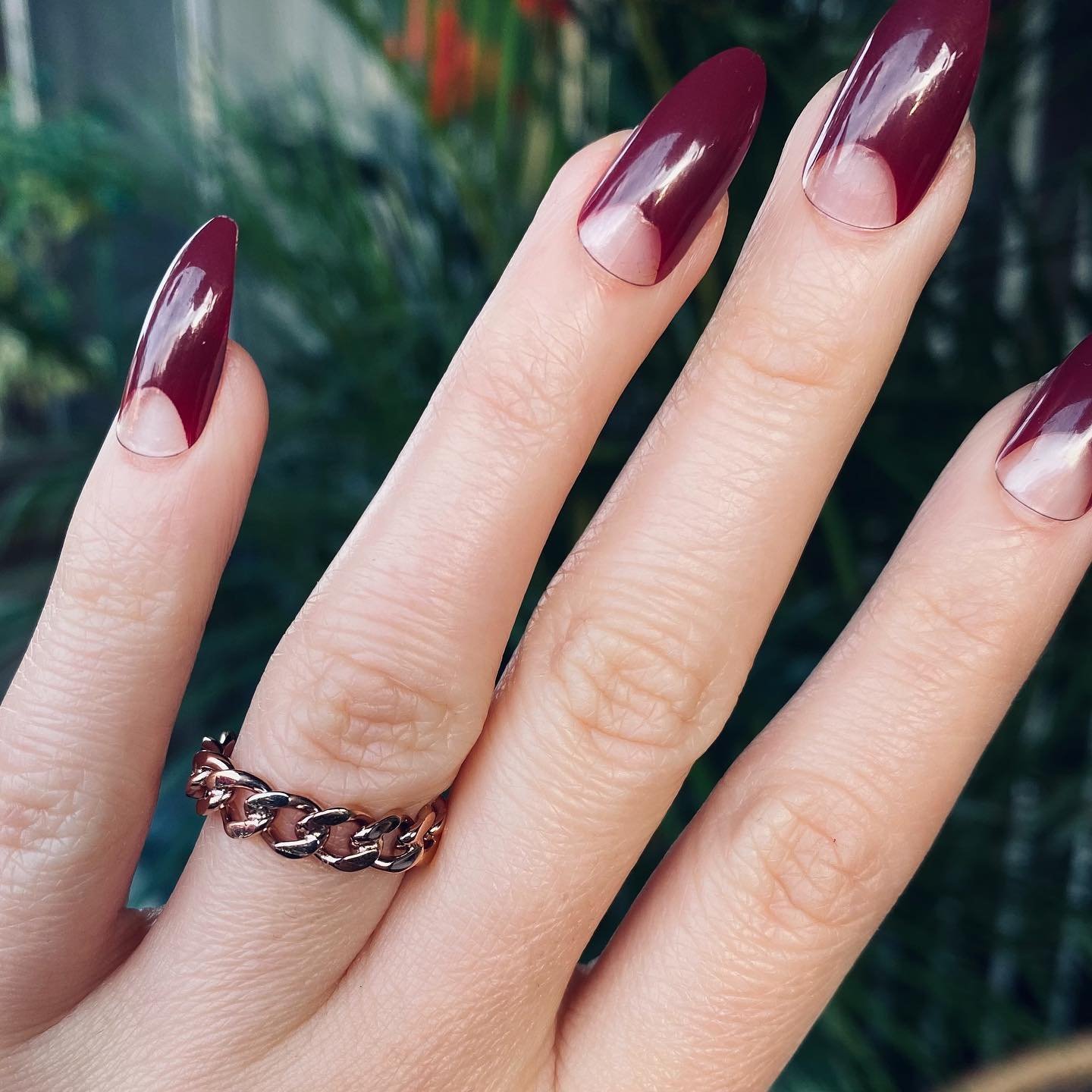 Plum Almond Nails with Soft Nude Half-Moons