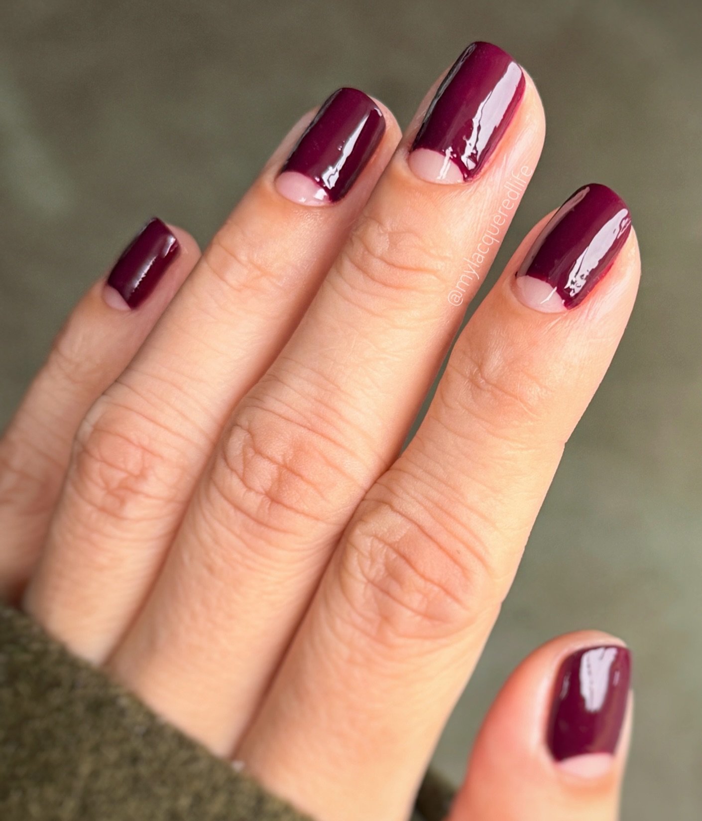 Short Plum Nails with Rounded Nude Half-Moons