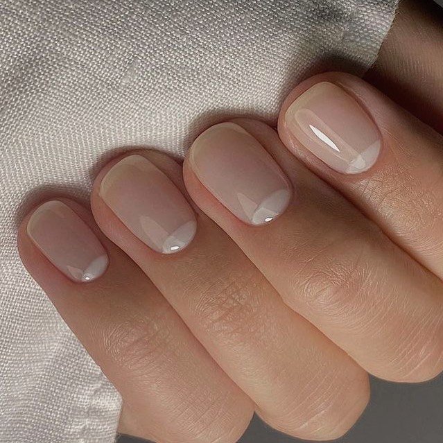Sheer Nude Short Nails with Glossy Half-Moon Accents
