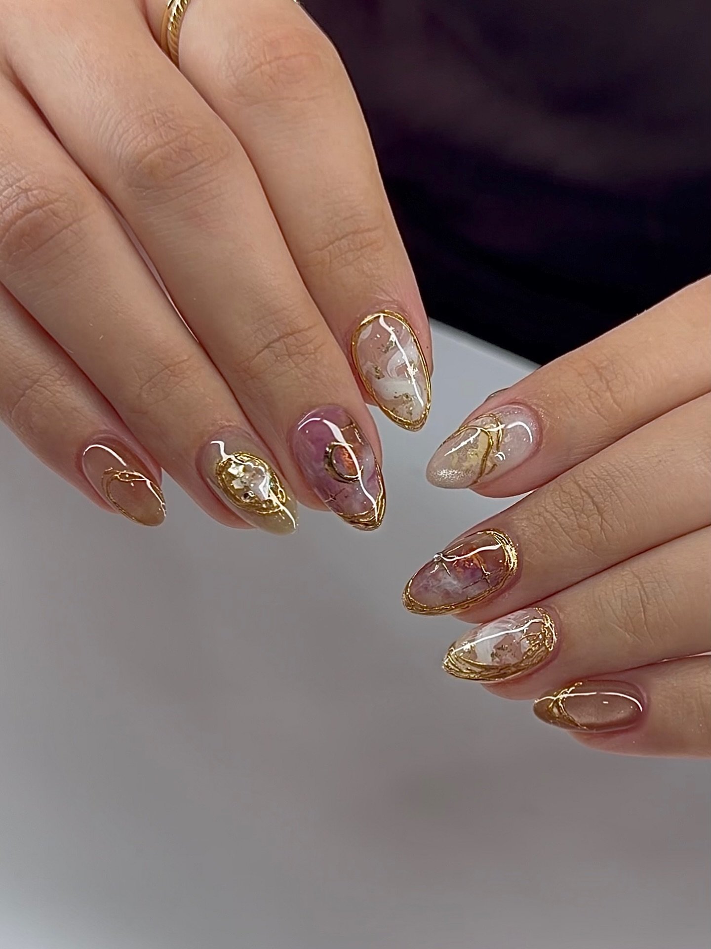 Translucent Almond Nails with Gold and Amber Art