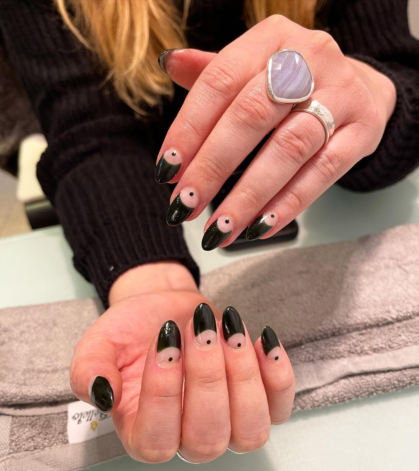 Black Almond Nails with Nude Half-Moon Cuticles