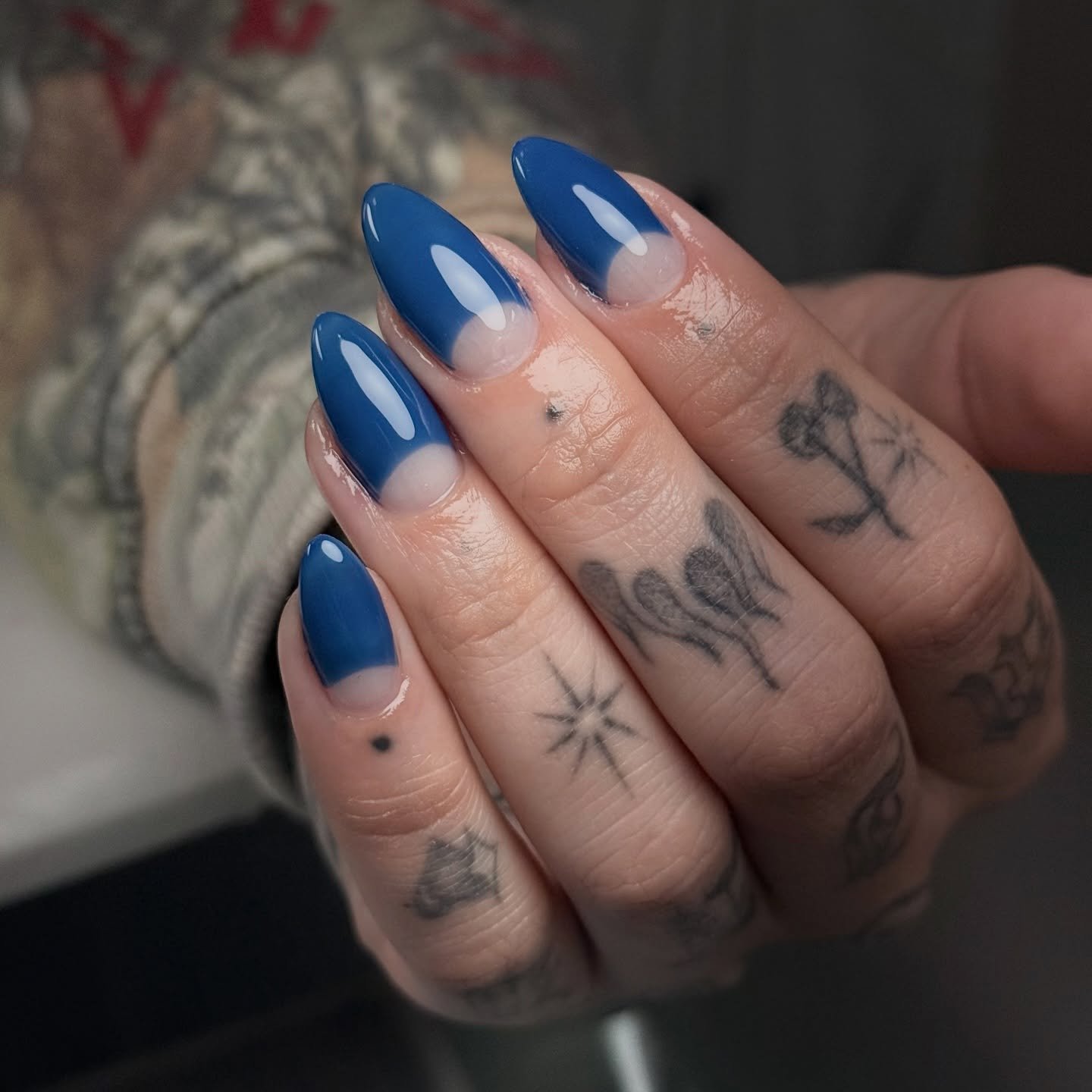 Cobalt Blue Almond Nails with Nude Half-Moons