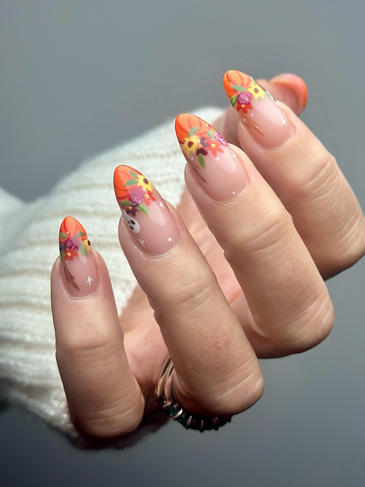 Pink Almond Nails with Colorful Floral Tips
