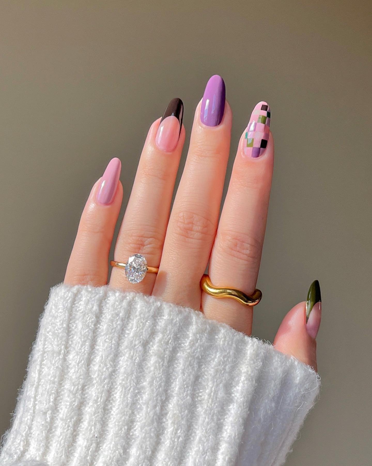 Pastel Almond Nails with Dark Accent Tips