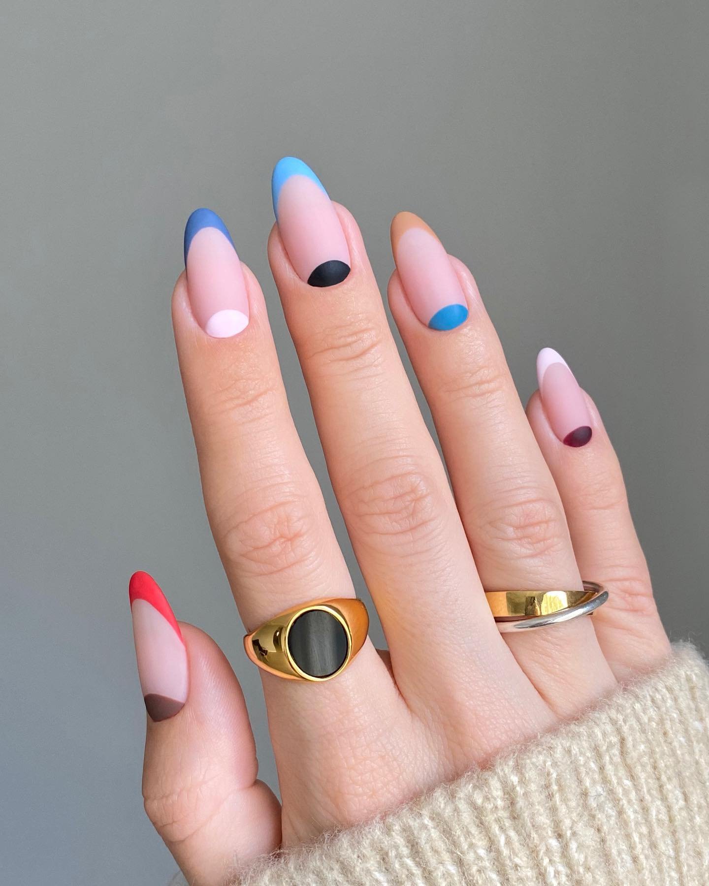 Pastel Pink Nails with Colorful Half-Moon Dots