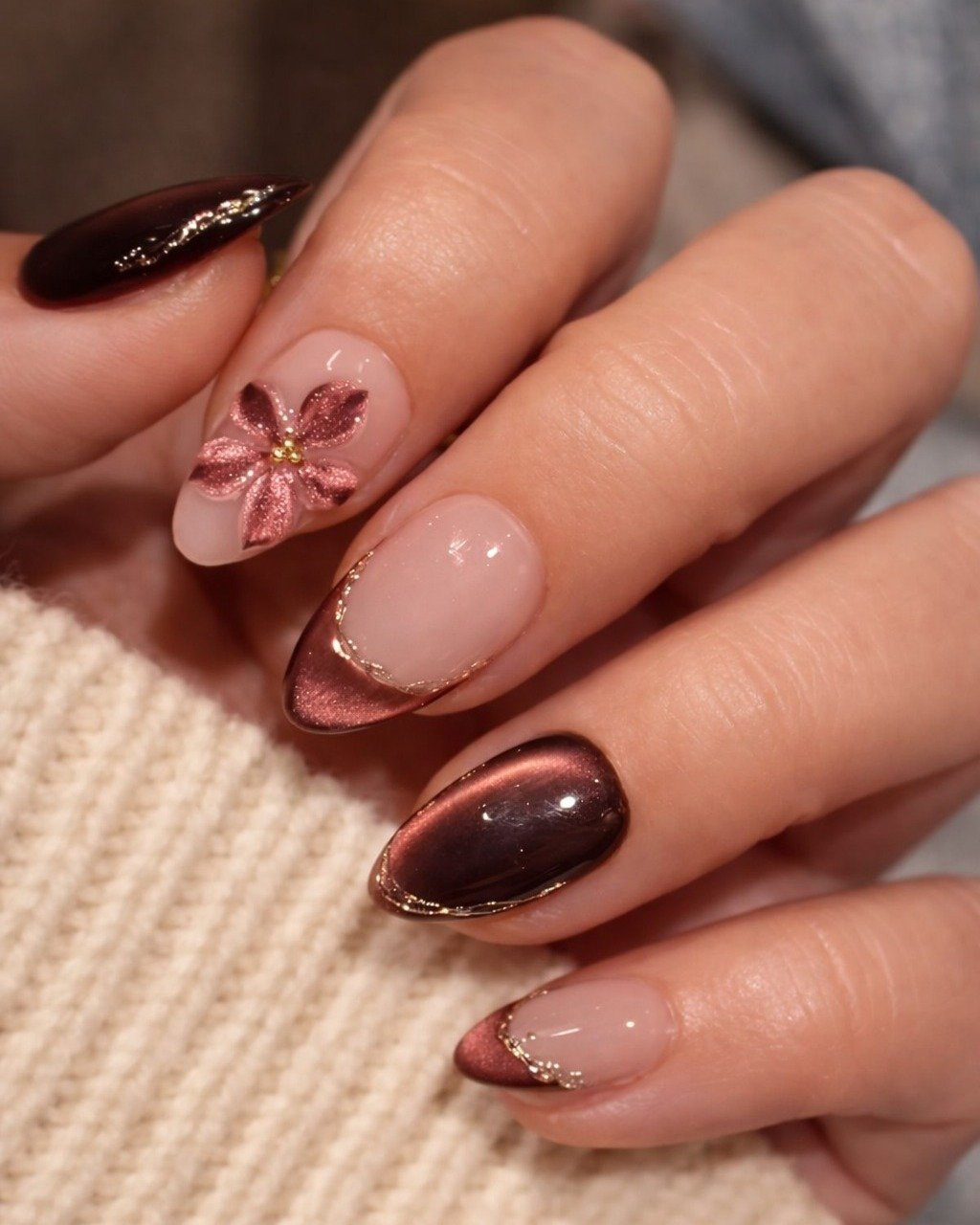 Deep Brown Chrome Nails with Floral Accents