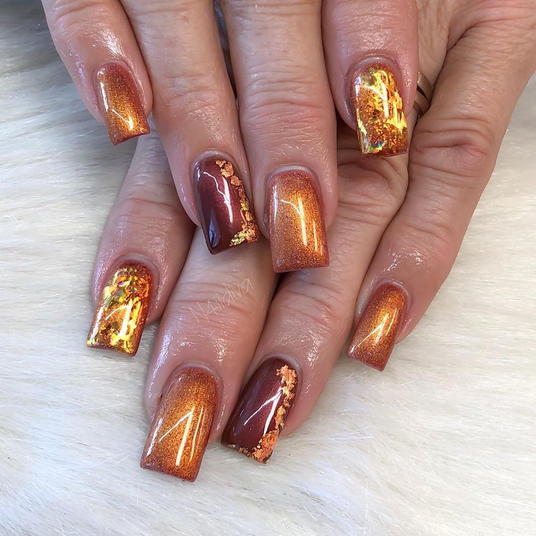 Copper Chrome Nails with Gold Foil Details