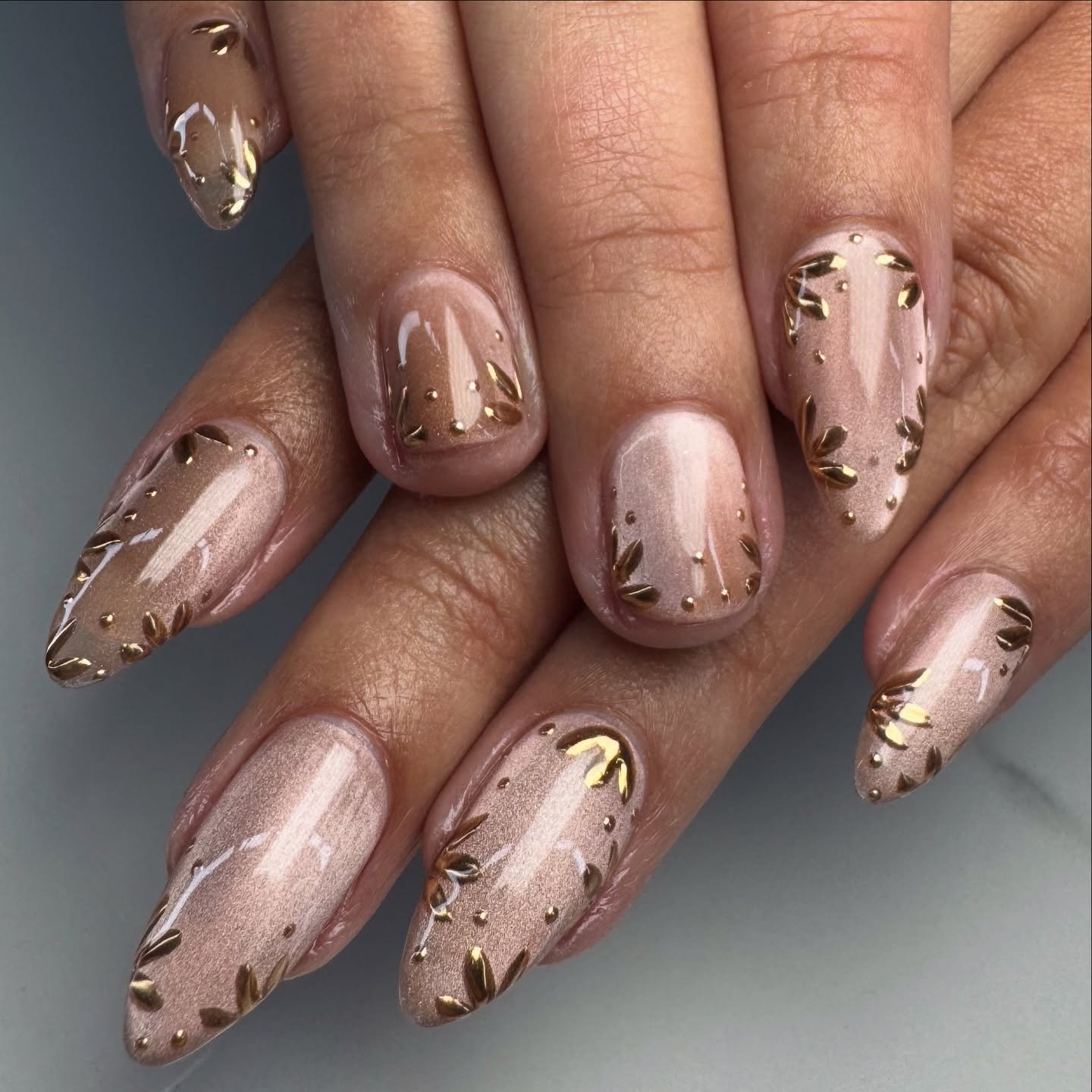 Champagne Chrome Nails with Fine Brown Speckles