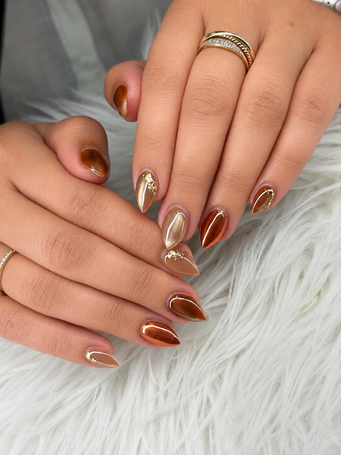 Warm Brown Chrome Nails with Gold Details