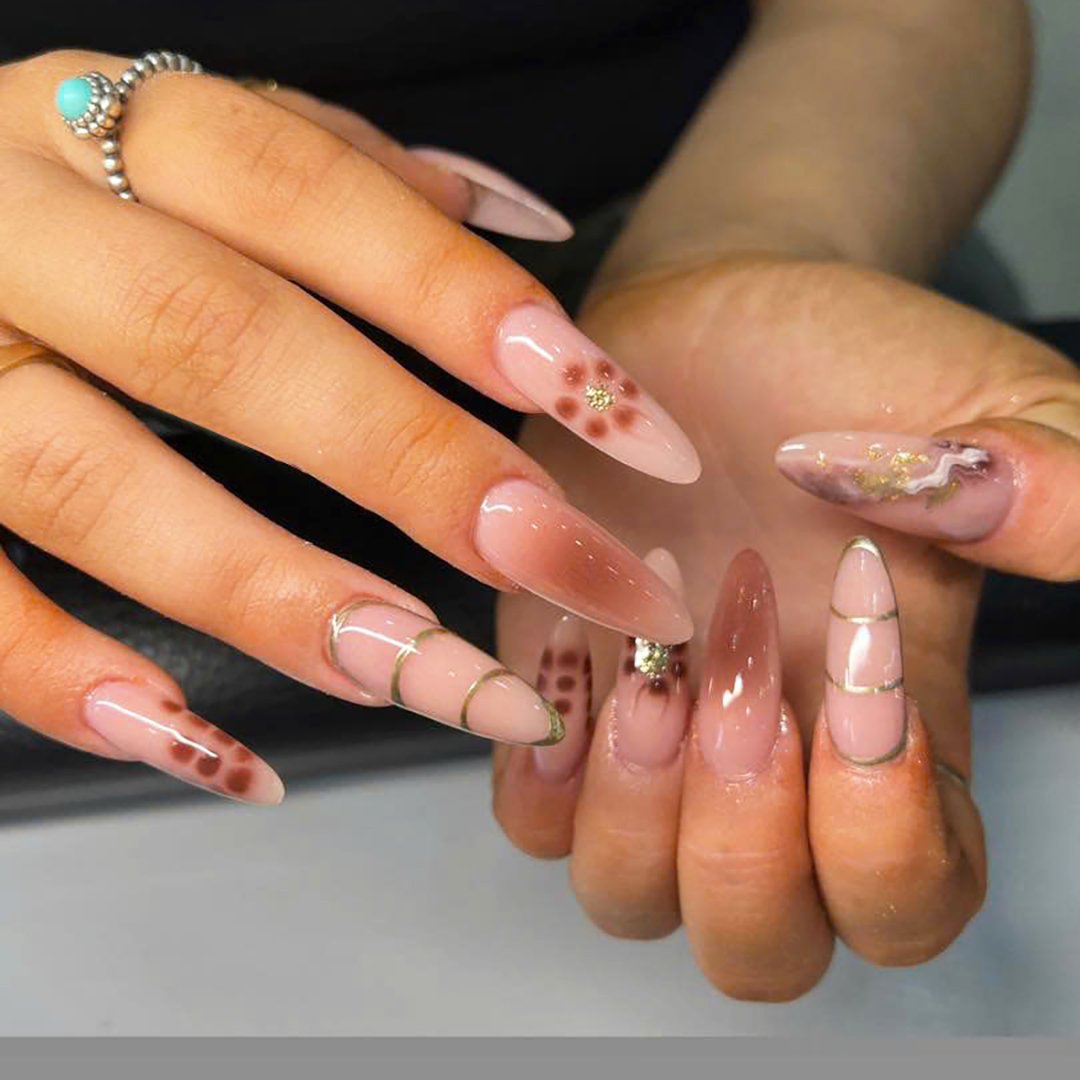 Nude Almond Nails with Copper Chrome Tips